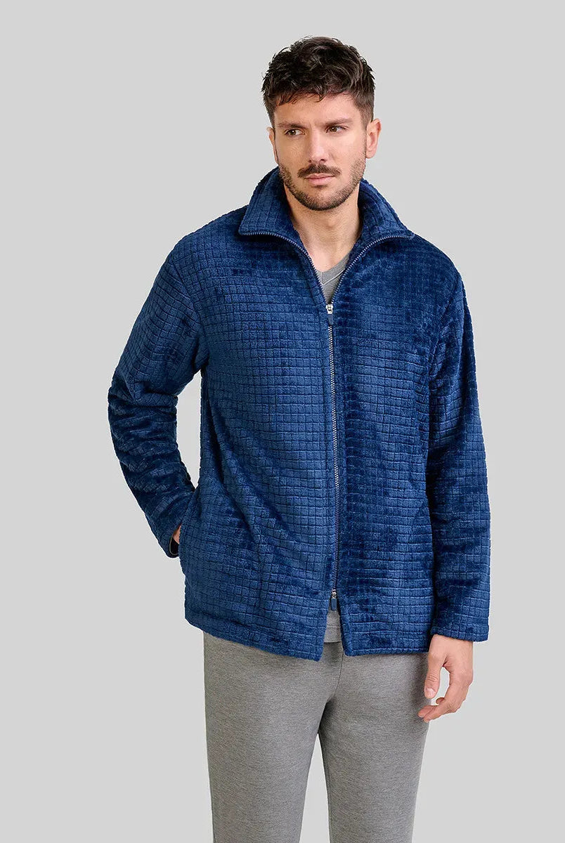 Hombre con bata corta jacquard marino de cremallera y bolsillos laterales