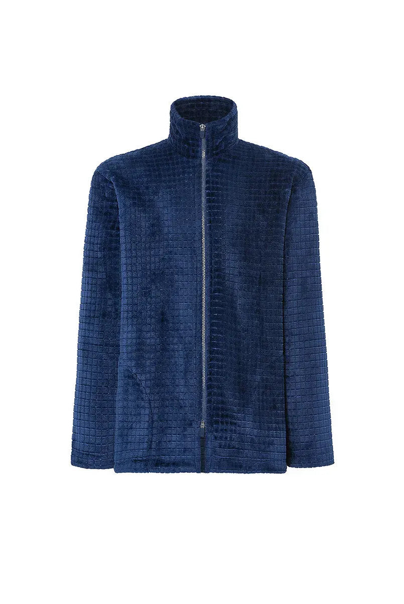 Bata corta de hombre con cremallera, tejido Jacquard de cuadros marino y bolsillos laterales.