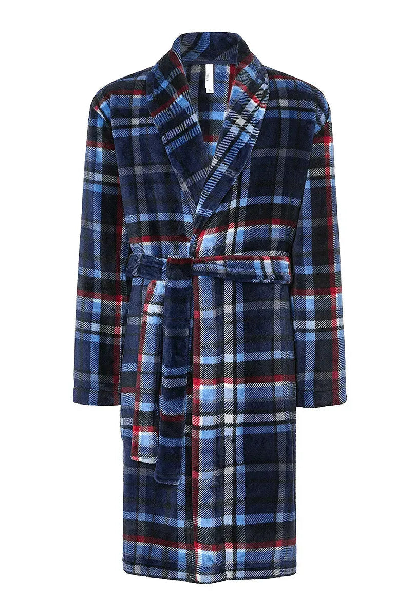 ✅ Bata de hombre larga cuello smoking a cuadros azules | LOHE ®