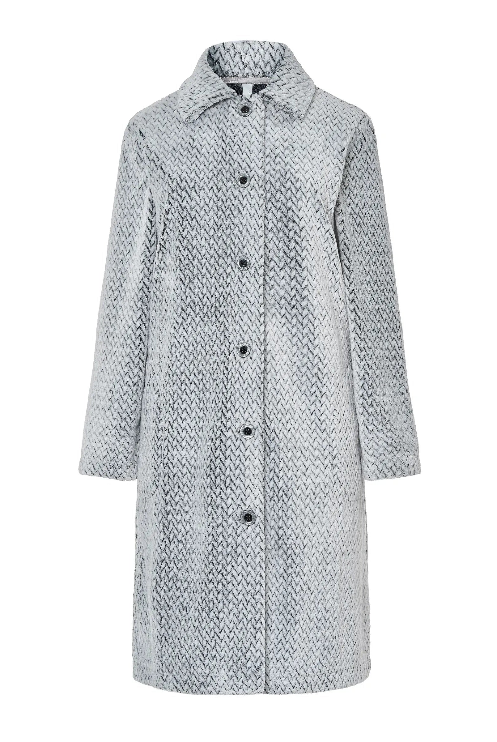Bata de invierno de mujer gris Jacquard con dibujo espiga, abertura de botones, bolsillos laterales