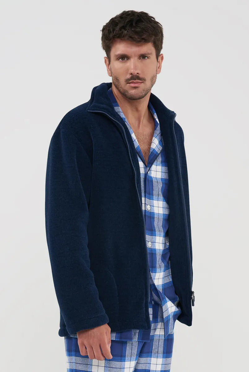 Hombre con bata confortable bata corta de invierno marino con cremallera y bolsillos