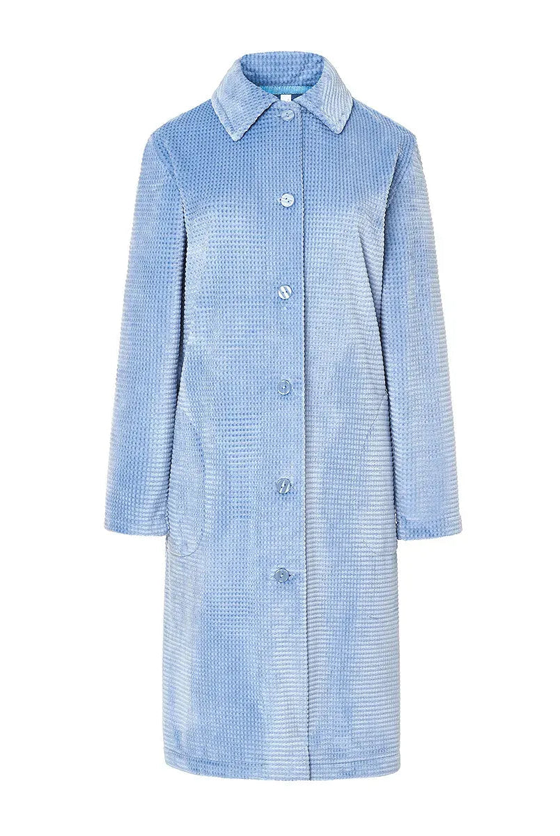 Bata Lohe de mujer, jacquard cuadros, abertura de botones, bolsillos laterales y manga larga.