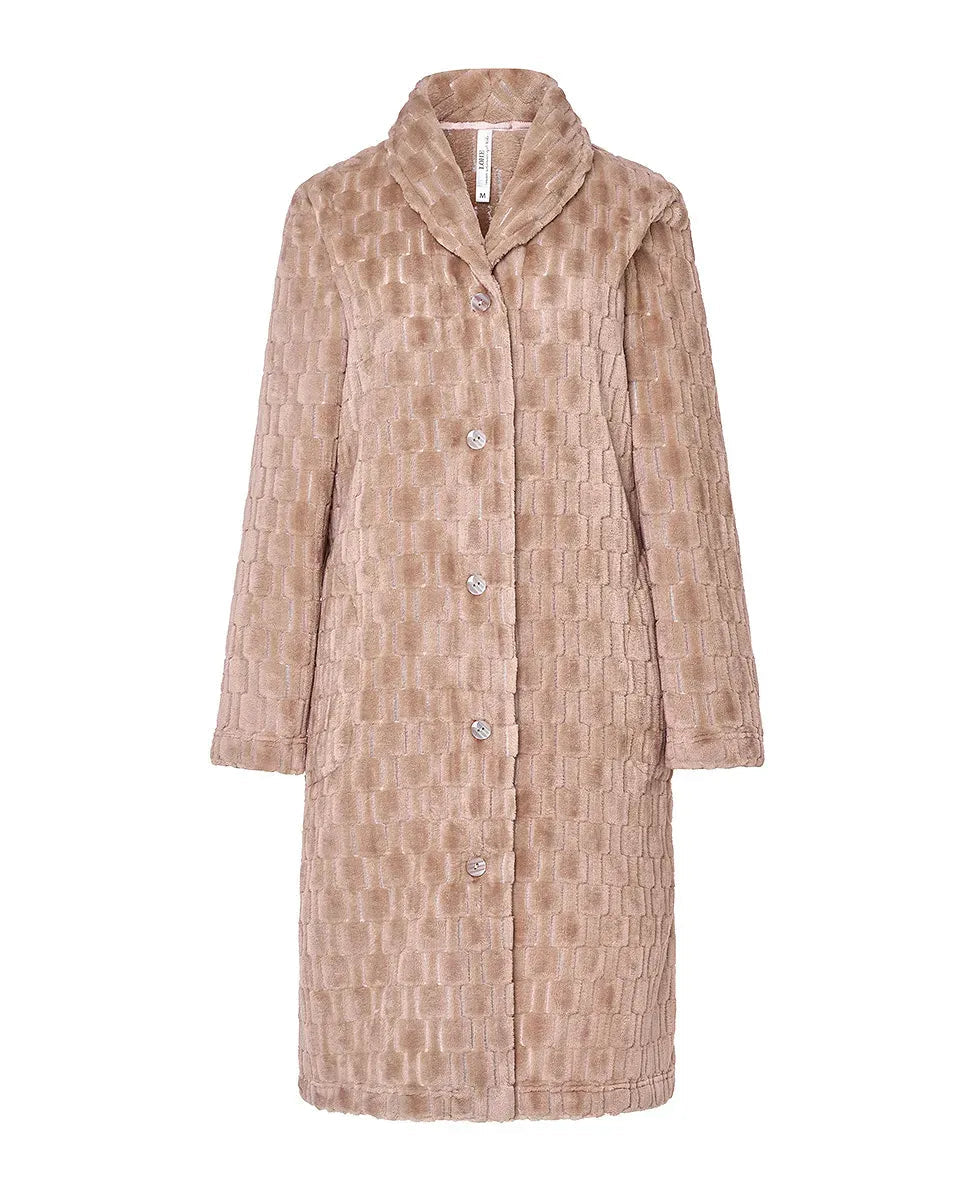 Bata Lohe de mujer Jacquard con abertura de botones, bolsillos laterales y manga larga.