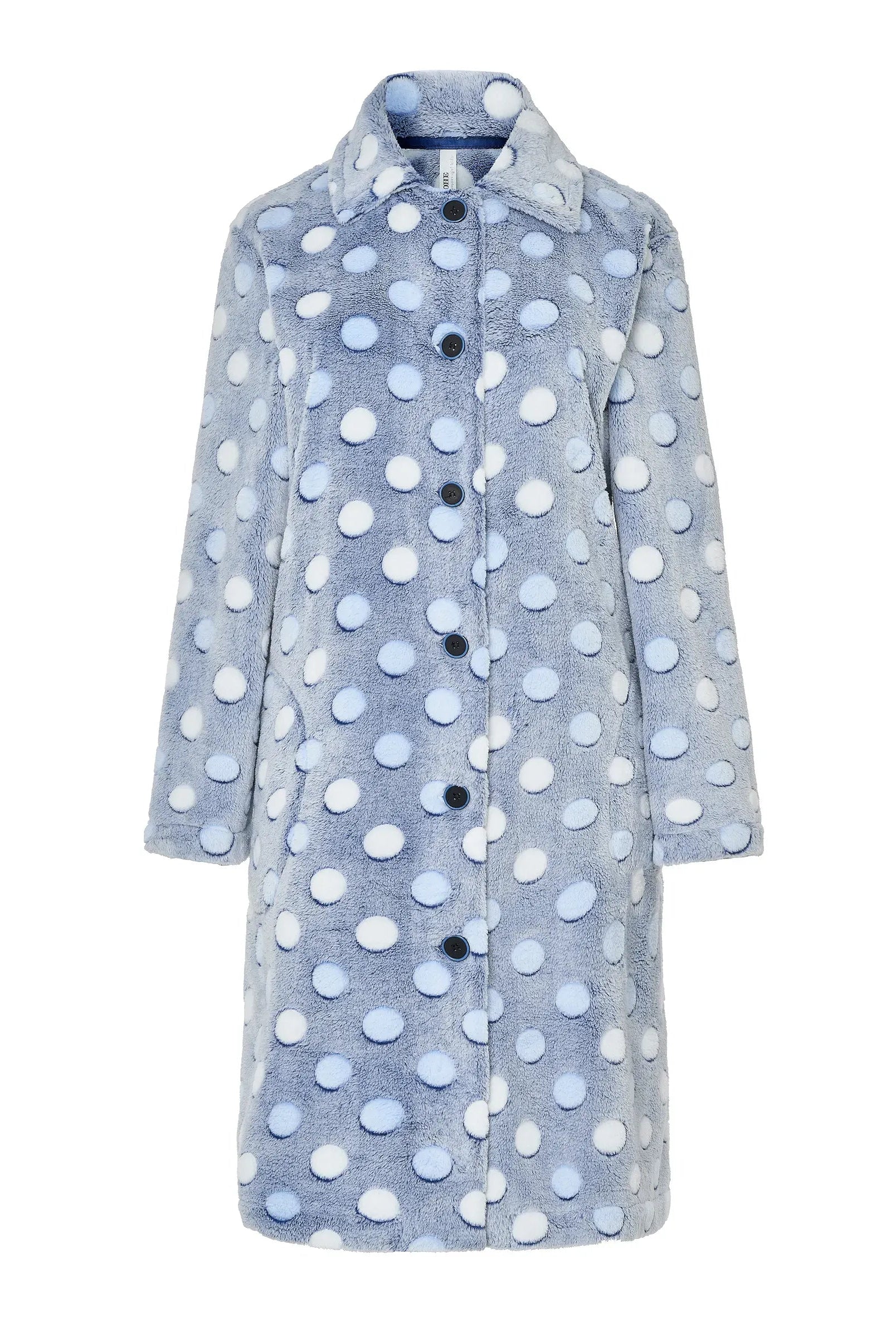 Bata de casa para mujer larga en azul celeste con lunares en relieve, cierre de botones delanteros, bolsillos y cuello clásico