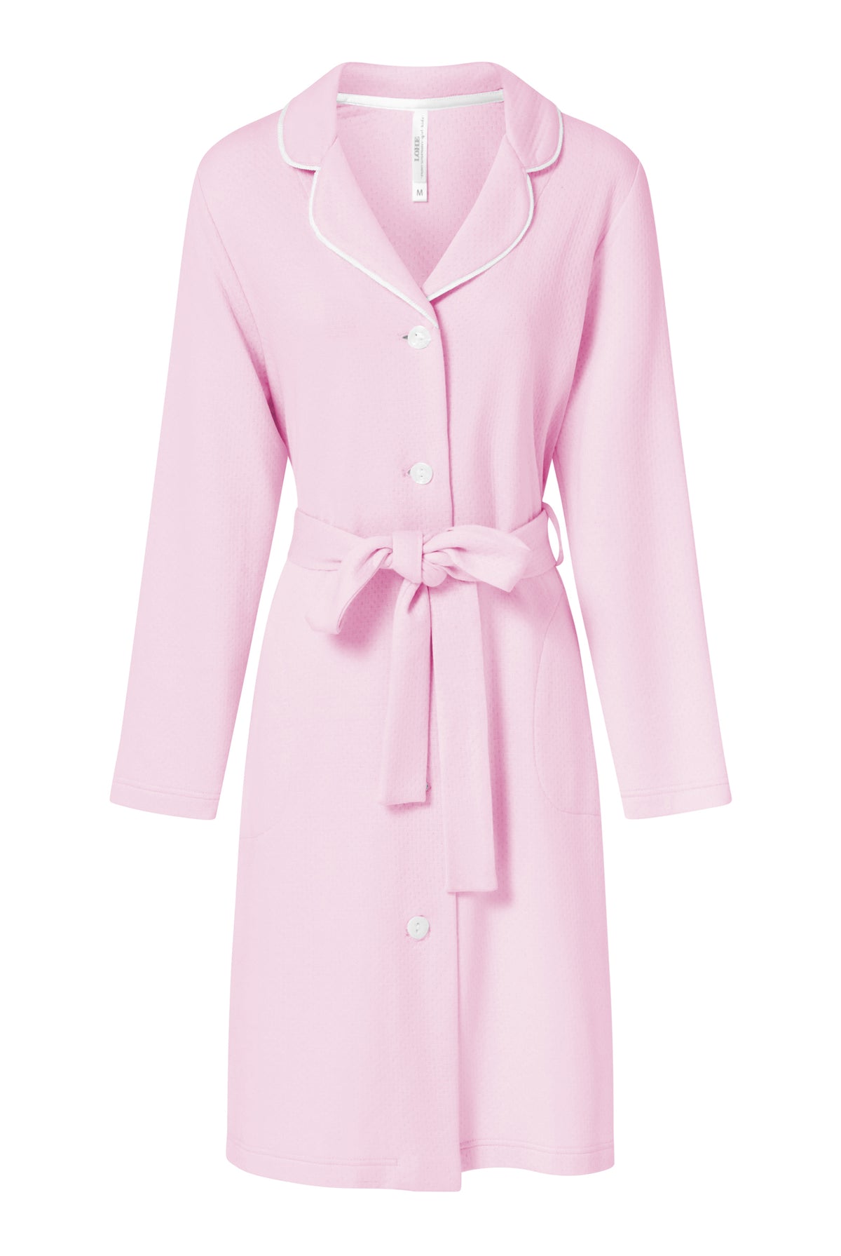 Bata corta de verano abotonada de punto rosa, cuello con vivo, bolsillos laterales y cinturón.