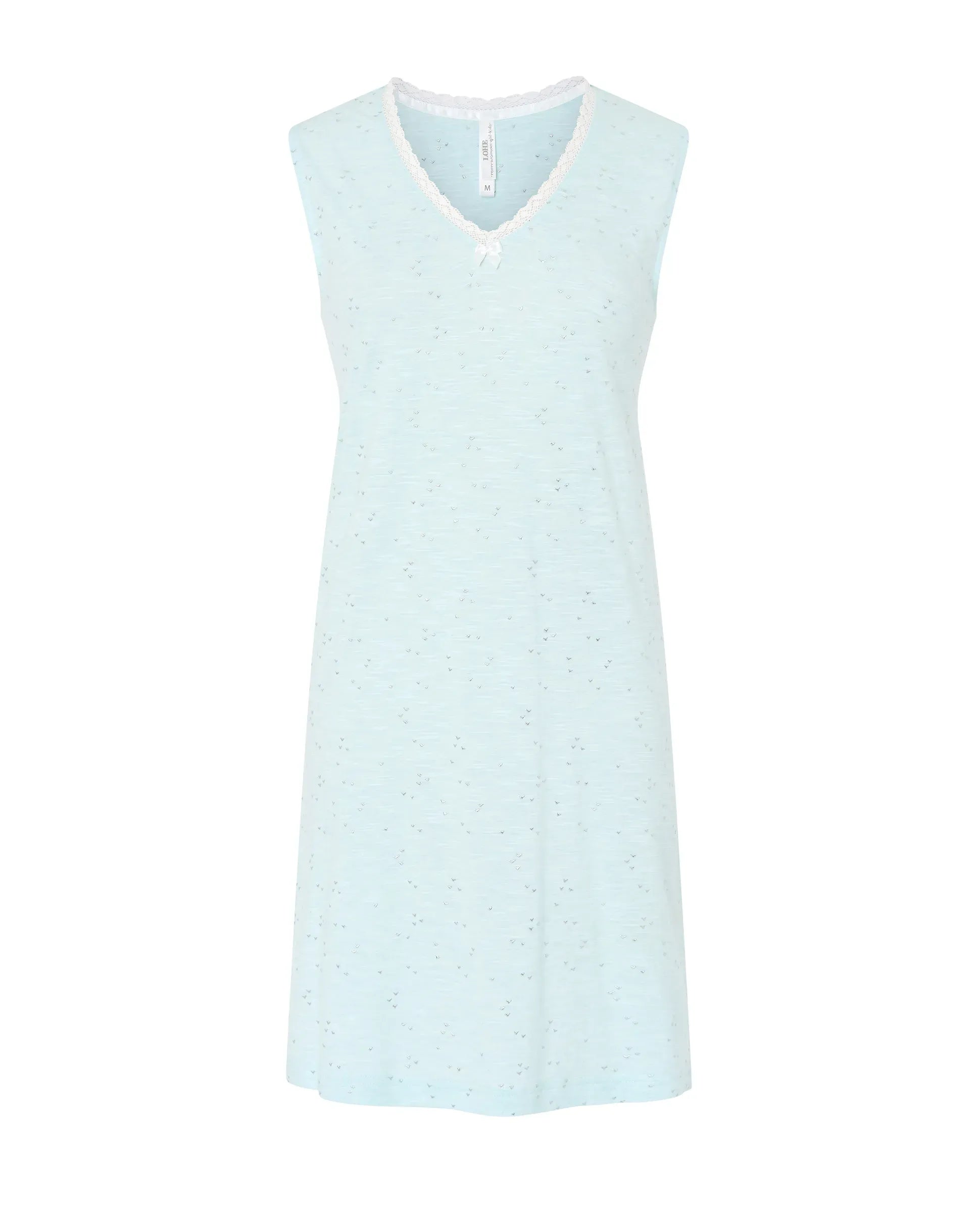 Camisón corto de mujer Lohe, tejido algodón modal estampado plata, puntilla en cuello pico y sin mangas.