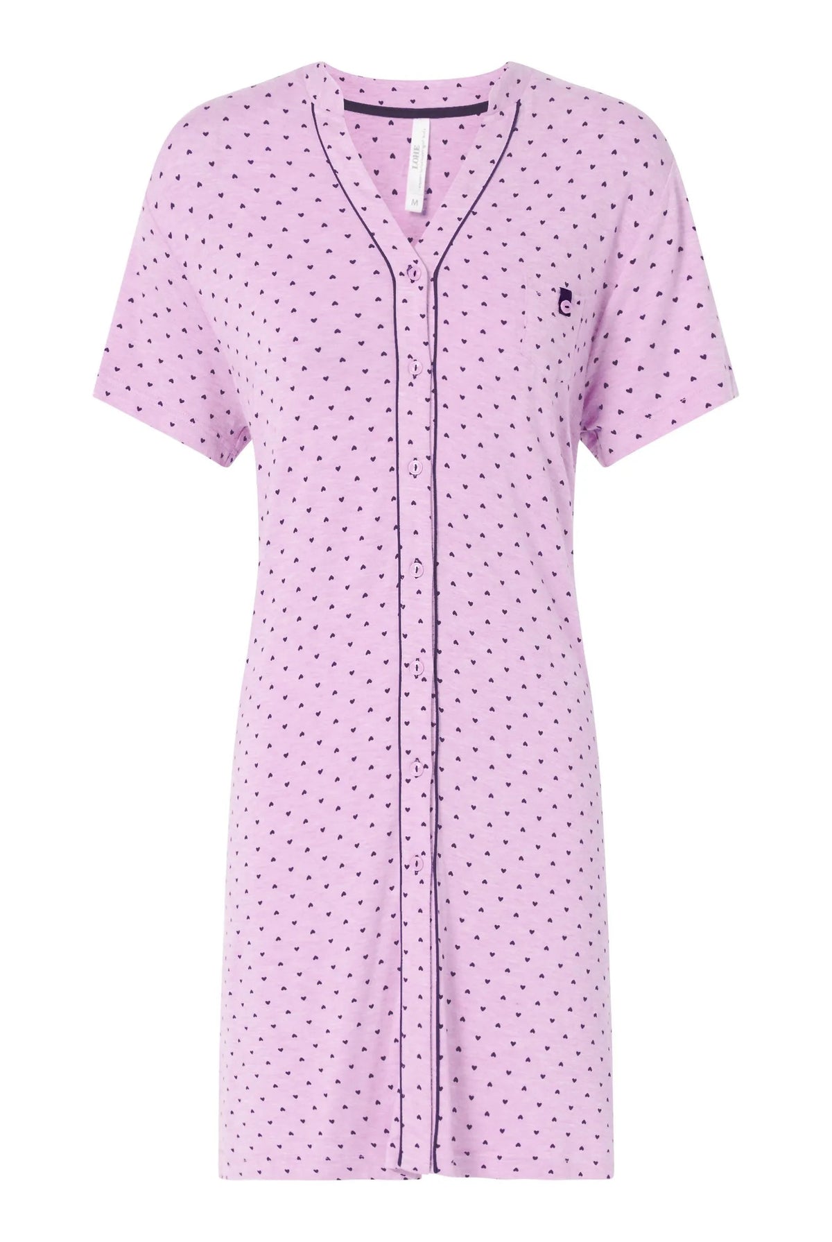 Camisón corto de mujer rosa estampado corazones, abierto con botones, vivo y bolsillo adorno, manga corta.