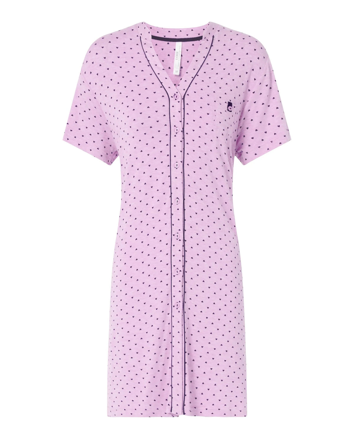 Camisón corto de mujer rosa estampado corazones, abierto con botones, vivo y bolsillo adorno, manga corta.