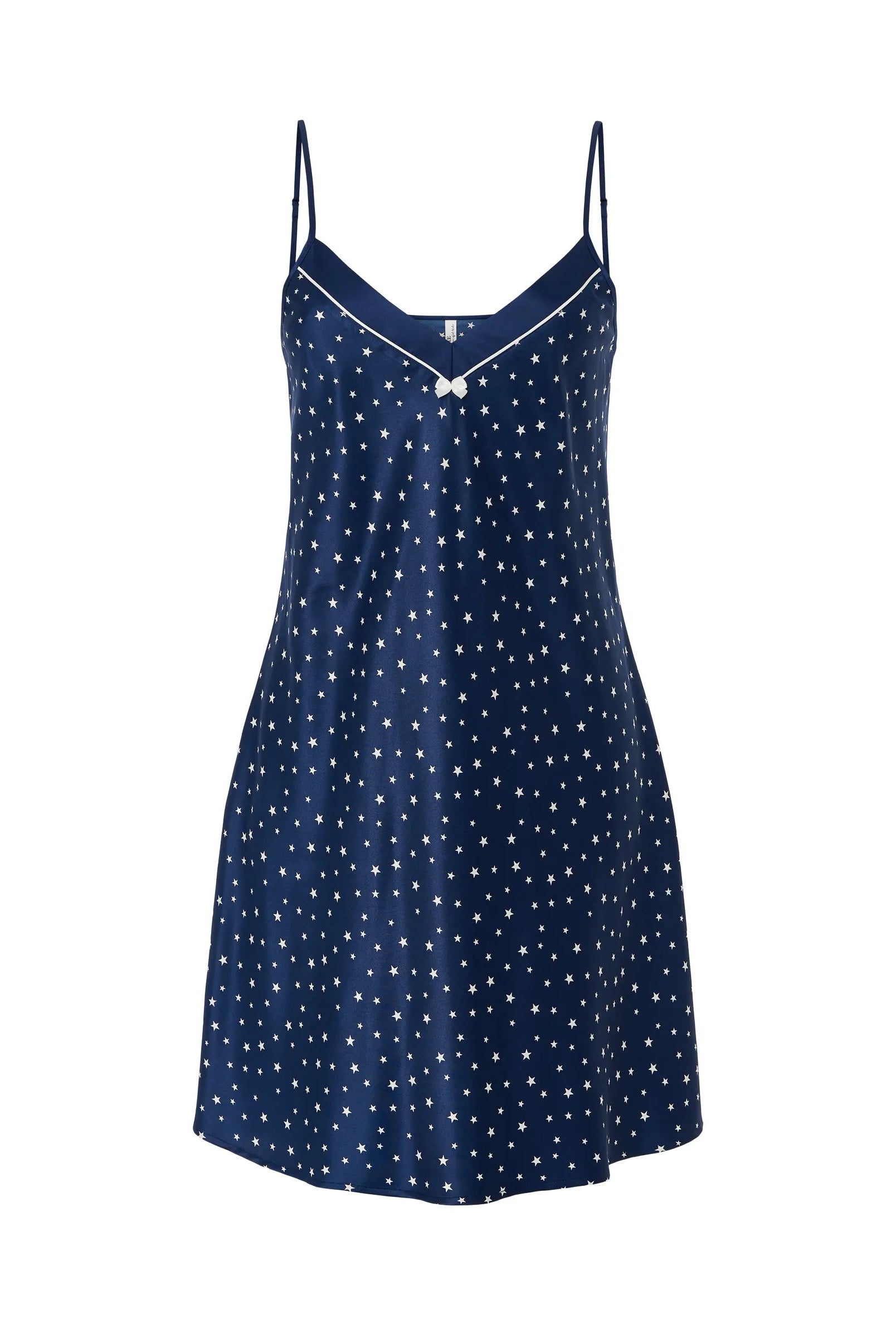 Camisón de raso para mujer con estampado de estrellas y tirantes ajustables, estilo bodegón sofisticado.