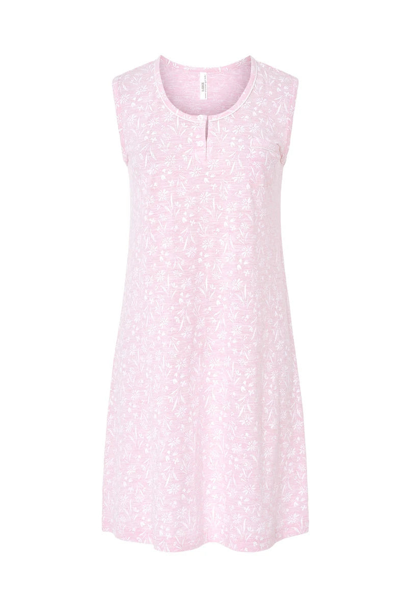 Camisón corto de verano sin mangas punto rosa con florecitas, cuello redondo abierto abotonado y vivo a contraste