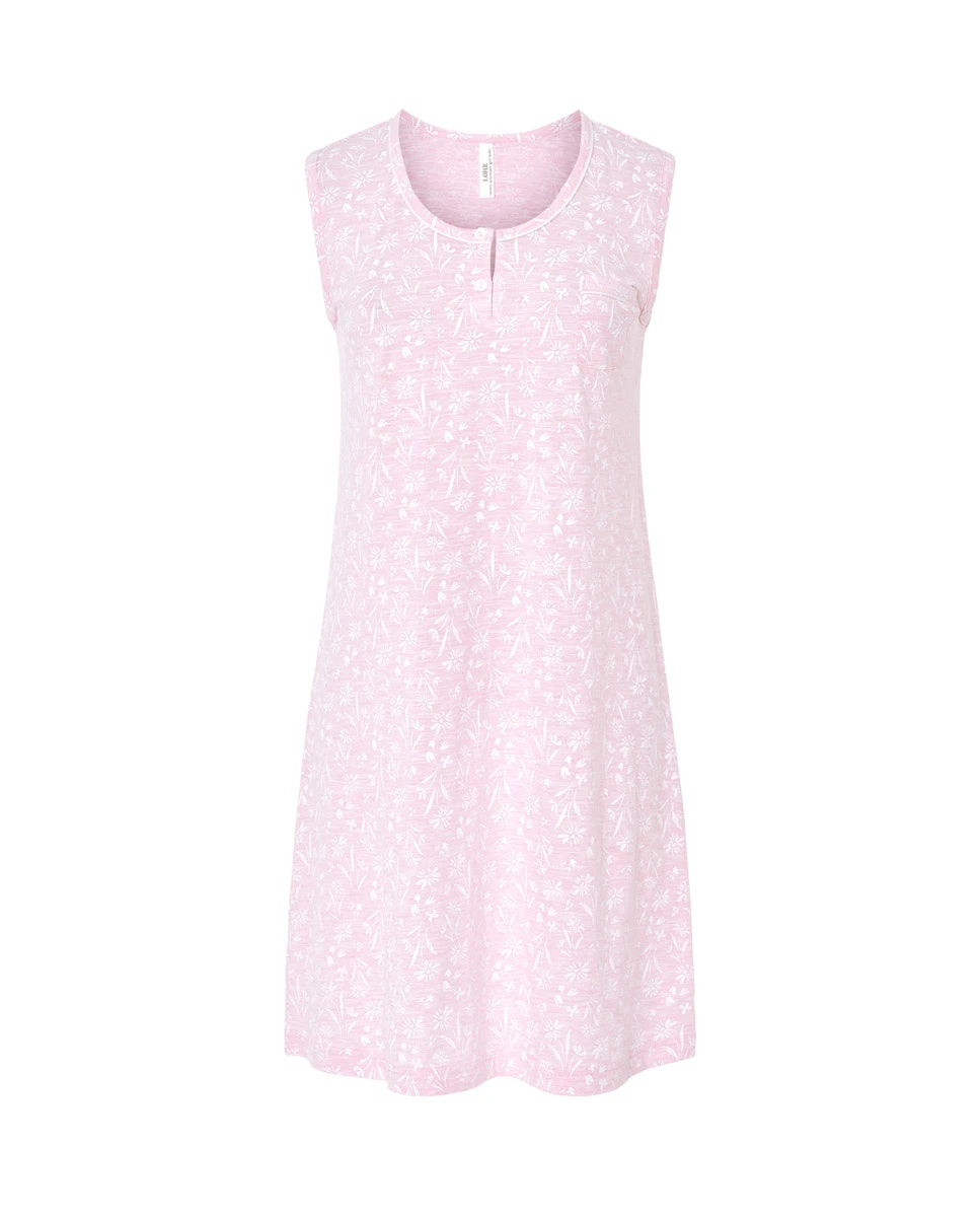Camisón corto de verano sin mangas punto rosa con florecitas, cuello redondo abierto abotonado y vivo a contraste