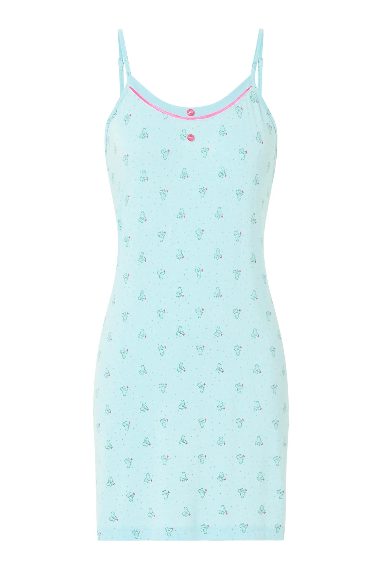 Camisón corto de mujer con tirante fino,
cuello redondo con botones y estampado de pequeños cactus