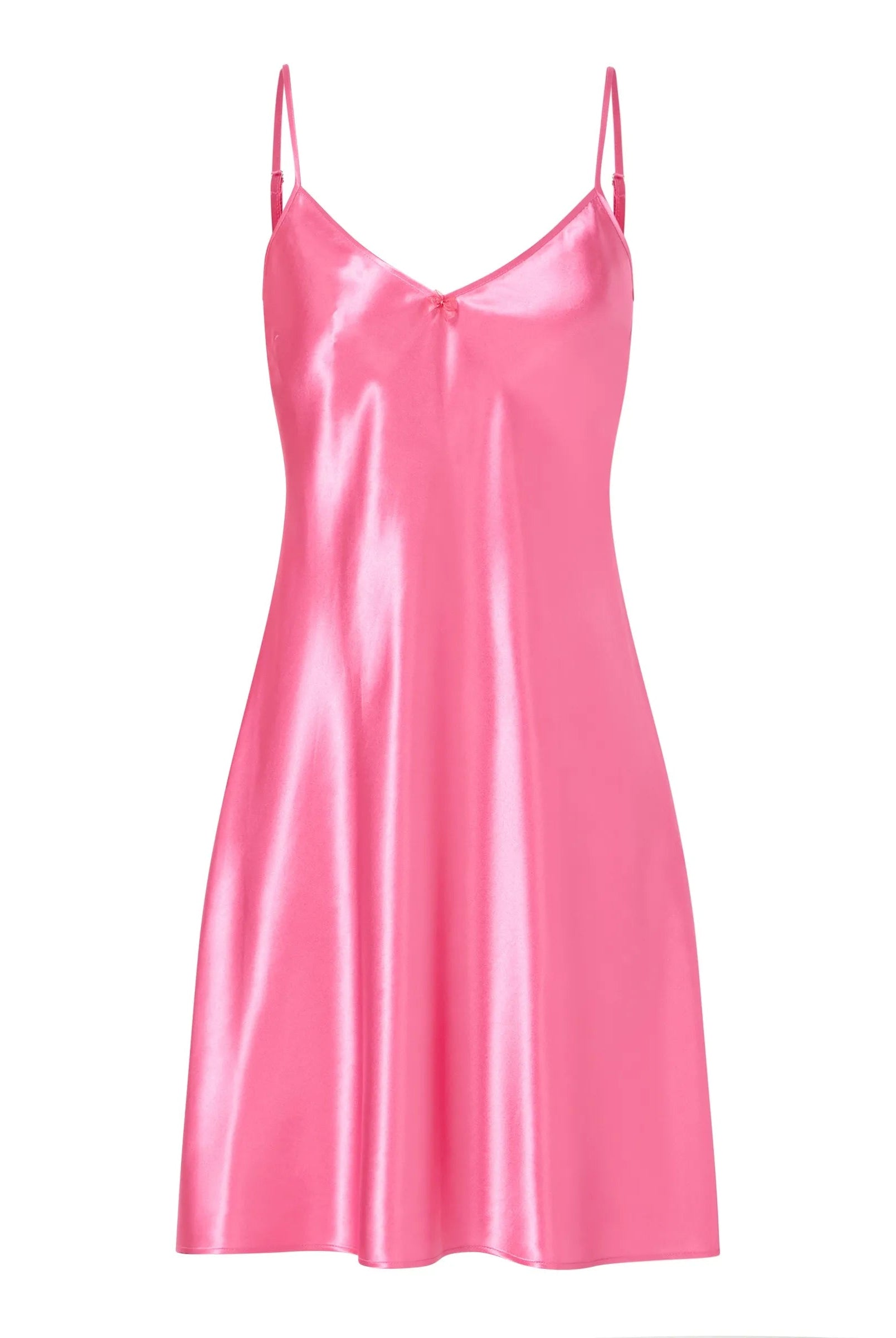 Camisón corto Lohe de mujer, tejido de raso fucsia, tirante fino, cuello pico con adorno lazo de organza.