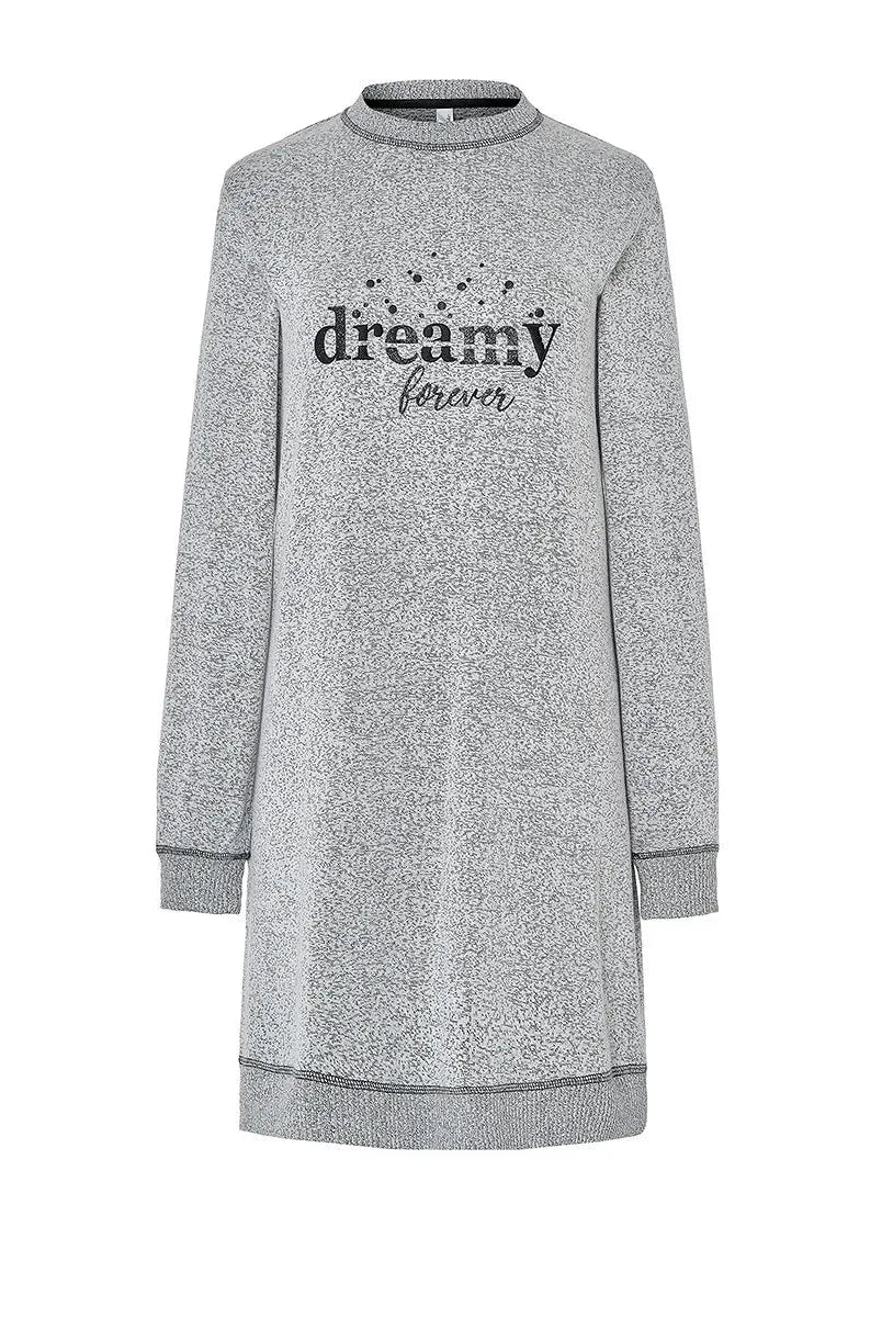 Camisón gris con mangas largas, puños elásticos y bajo de canalé, texto "dreamy forever"