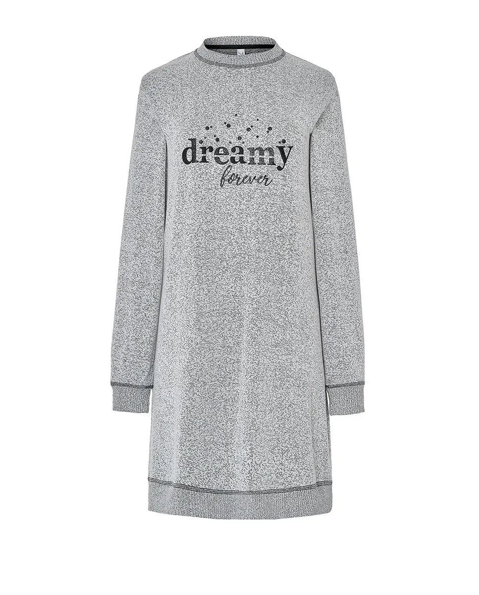 Camisón gris con mangas largas, puños elásticos y bajo de canalé, texto "dreamy forever"
