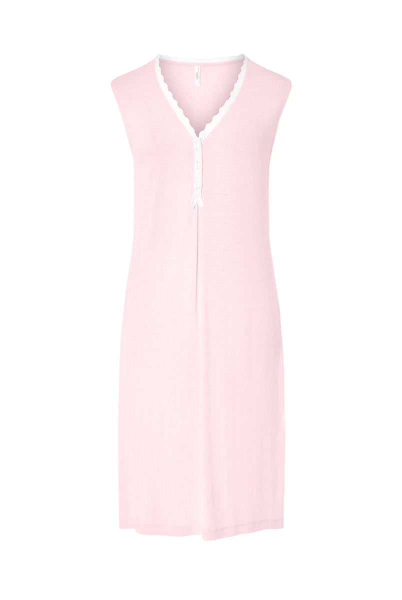 Camisón lencero corto sin mangas cuello botones puntilla — Rosa