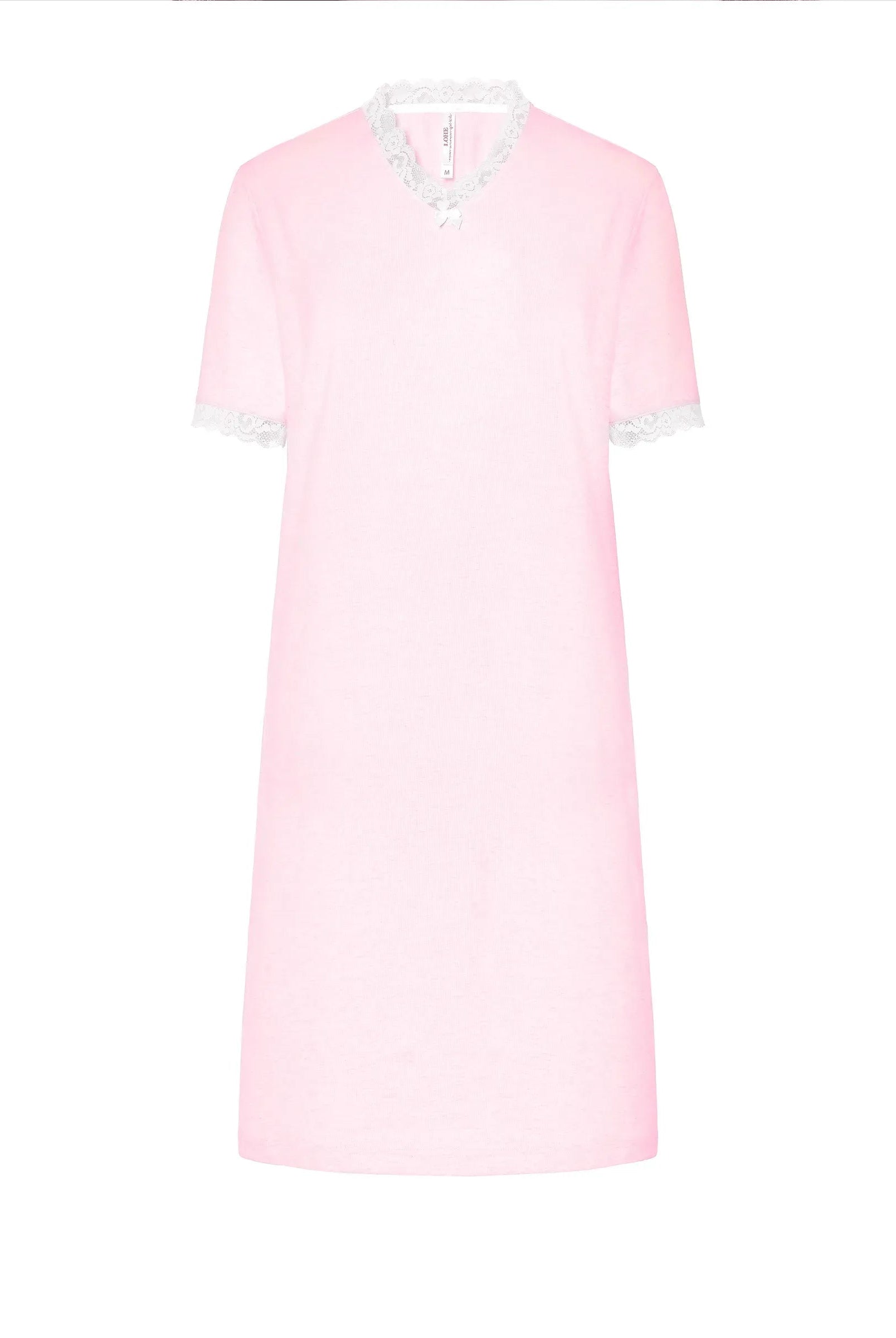 Camisón lencero celeste de invierno con encaje, escote en pico y clásica manga corta.