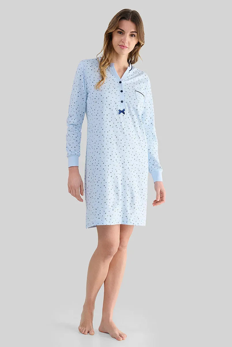 Camisón Lohe de manga larga estampado florecitas, con cuello abertura de botones, bolsillo y lazo