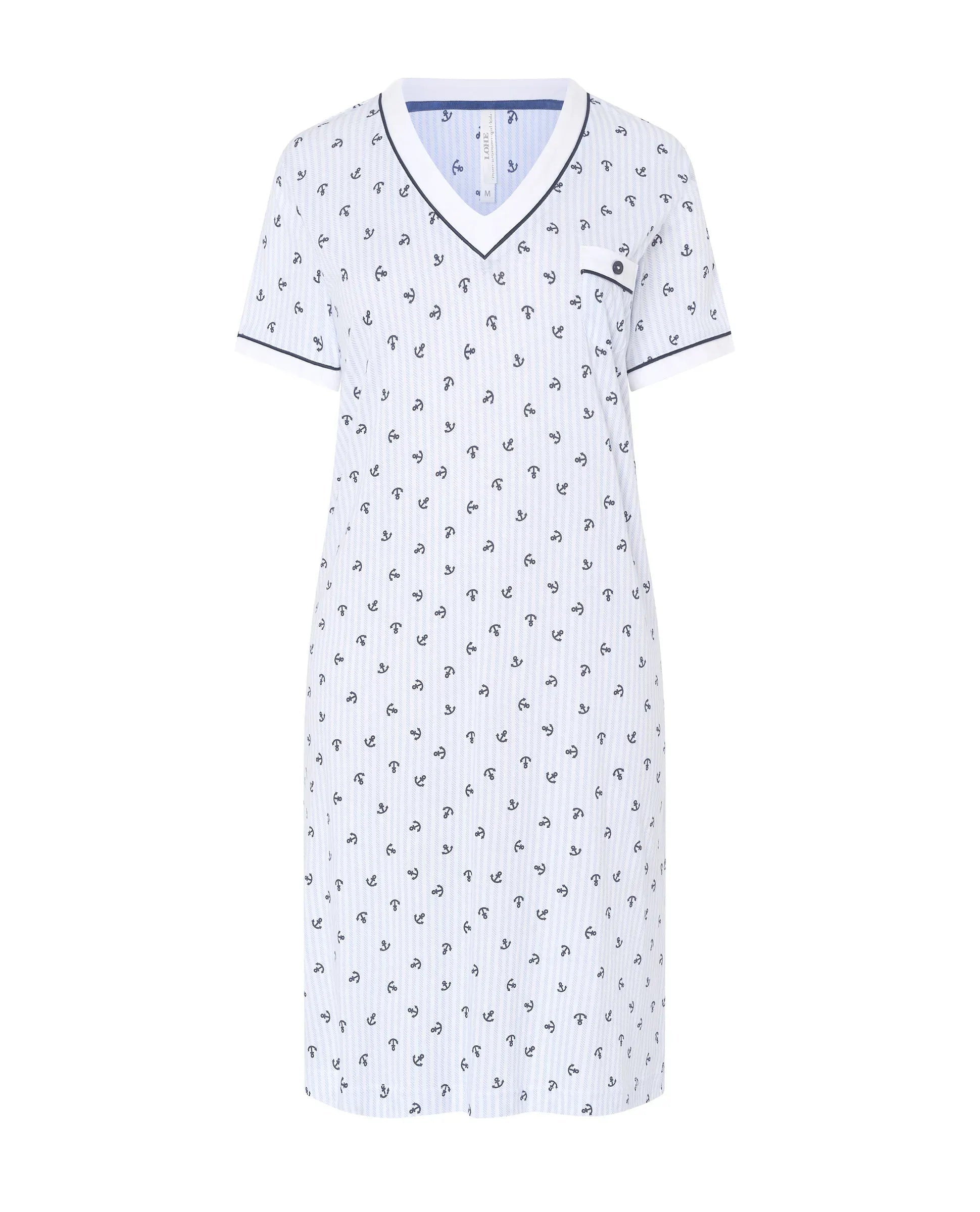 Camisón corto de mujer Lohe, tejido algodón modal estampado anclas, cuello pico y manga corta.