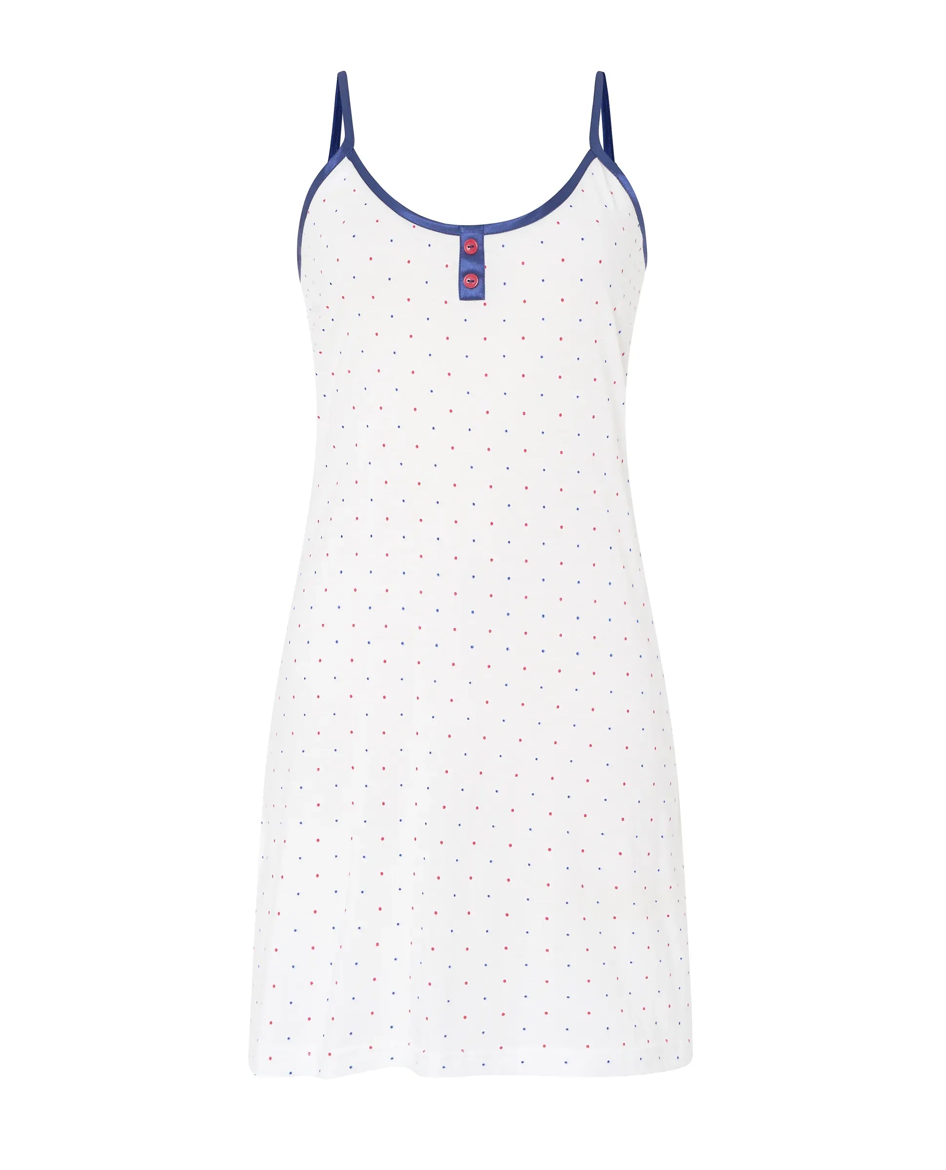 Camisón corto de mujer Lohe, tejido algodón modal estampado topitos, bieses de raso y tirantes.