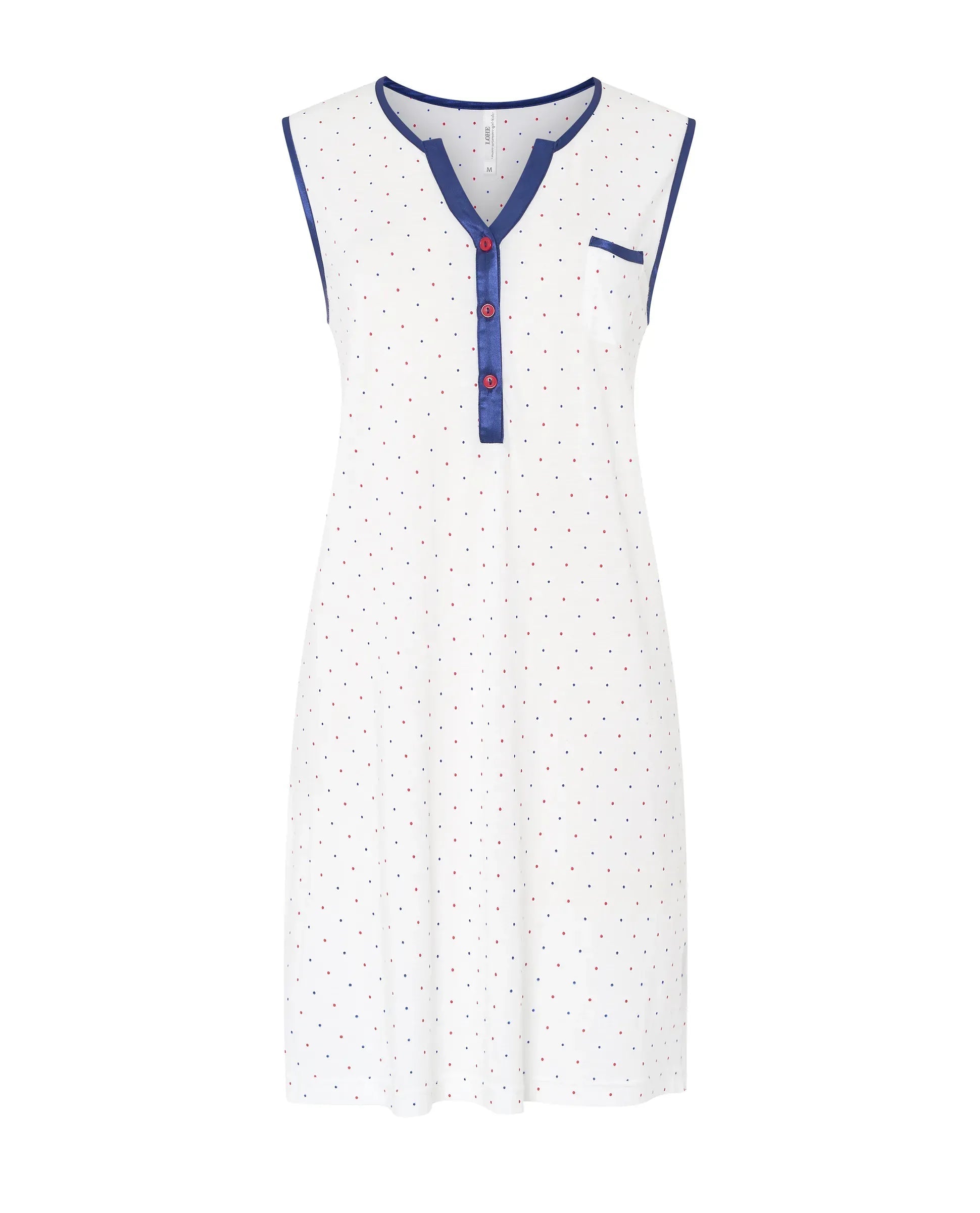 Camisón corto sin mangas de verano de algodón modal a topitos, cuello abierto con pata de raso marino y botones.