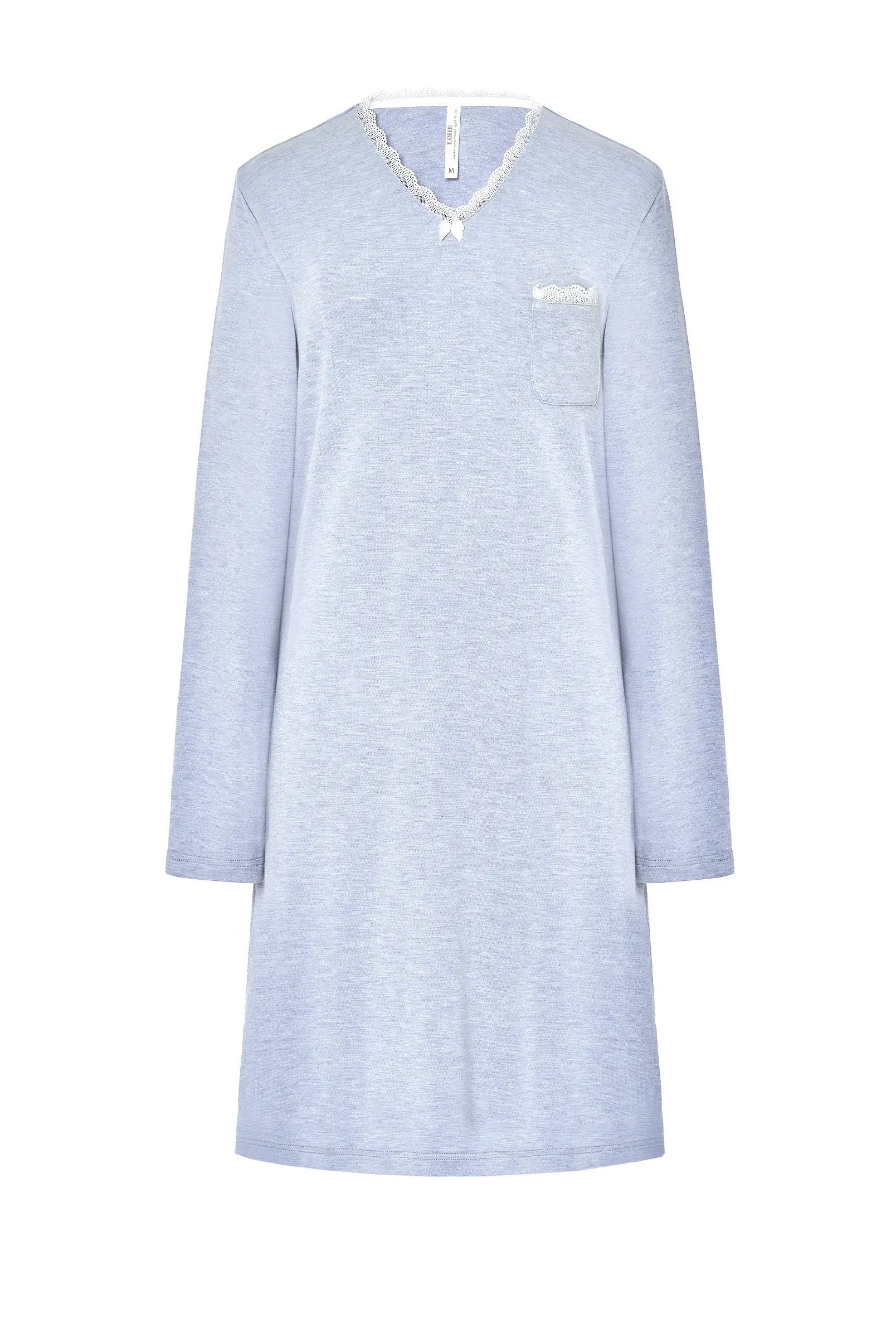 Elegante camisón azul con manga larga, cuello en V de encaje blanco, detalle de lazo y bolsillo en el pecho