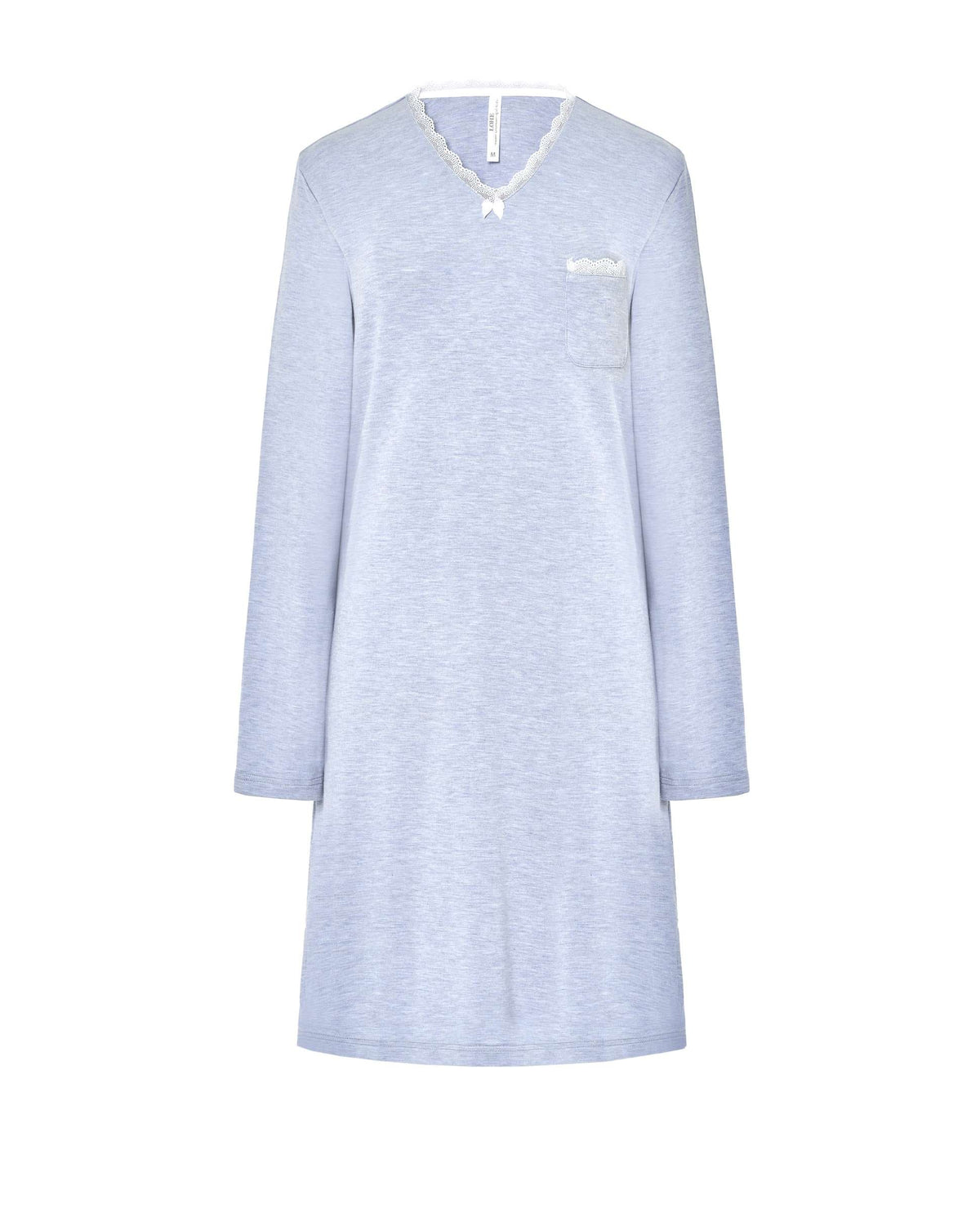 Elegante camisón azul con manga larga, cuello en V de encaje blanco, detalle de lazo y bolsillo en el pecho