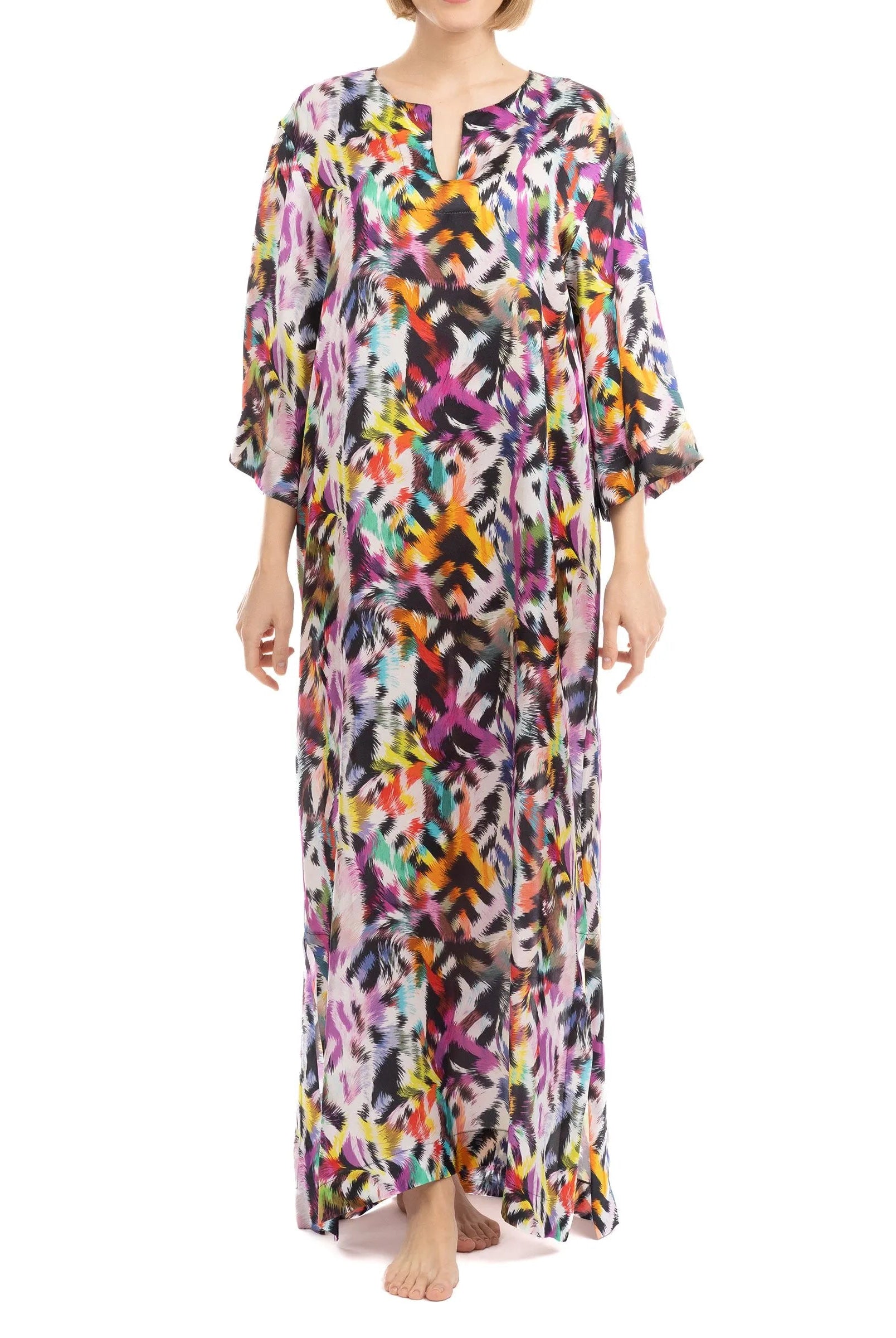 Kaftan seda natural estampado escote redondo y abertura central