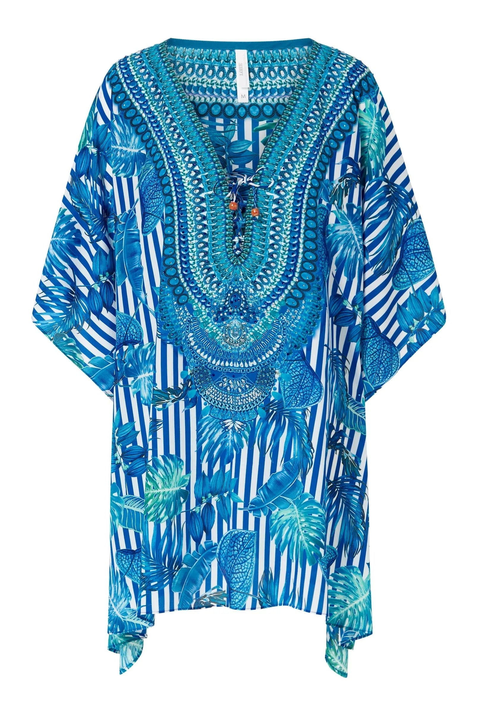 Kaftán corto de mujer para verano, estampado rayas y hojas azules.