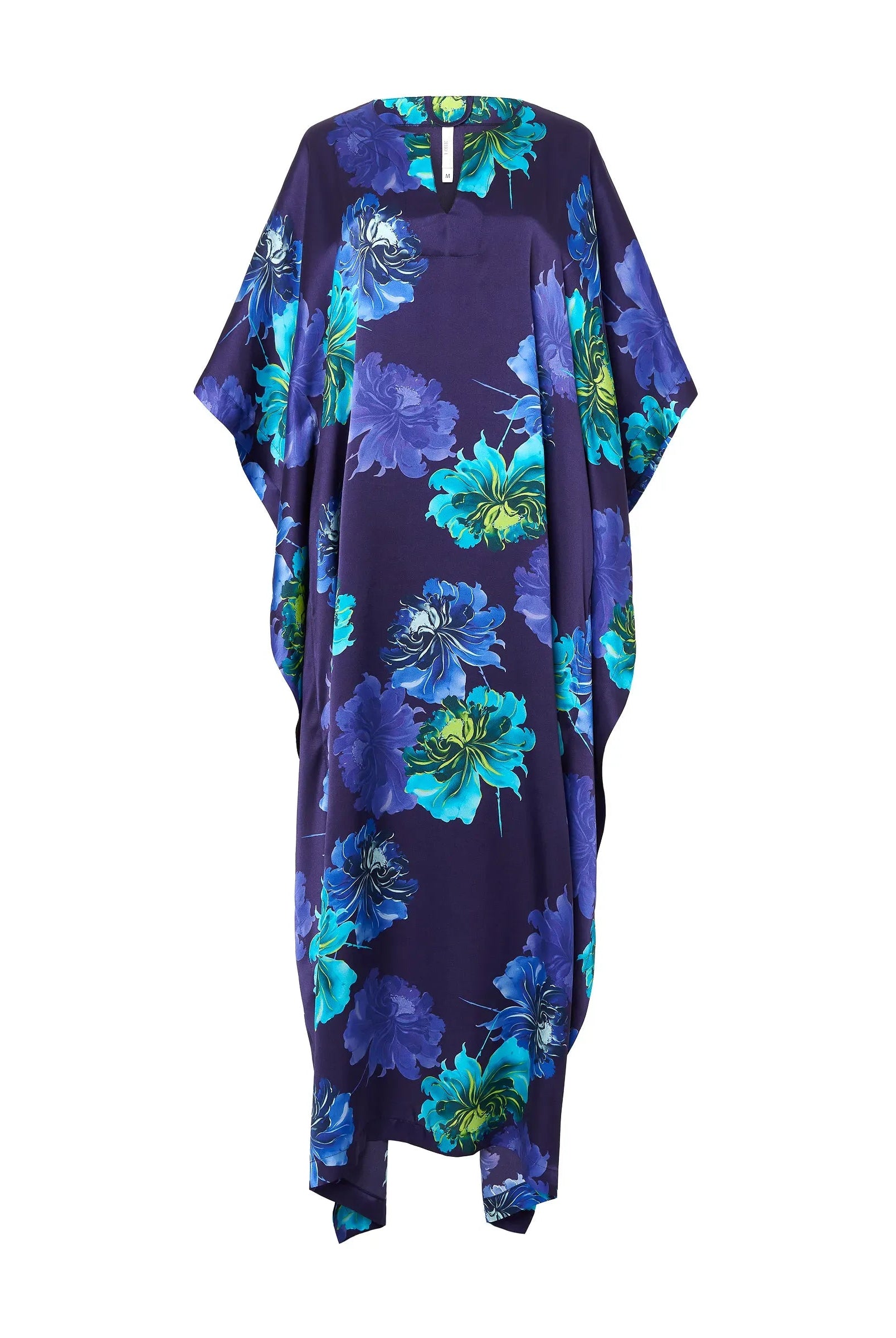 Kaftan de seda natural estampado con escote redondo y abertura central con manga mariposa al codo