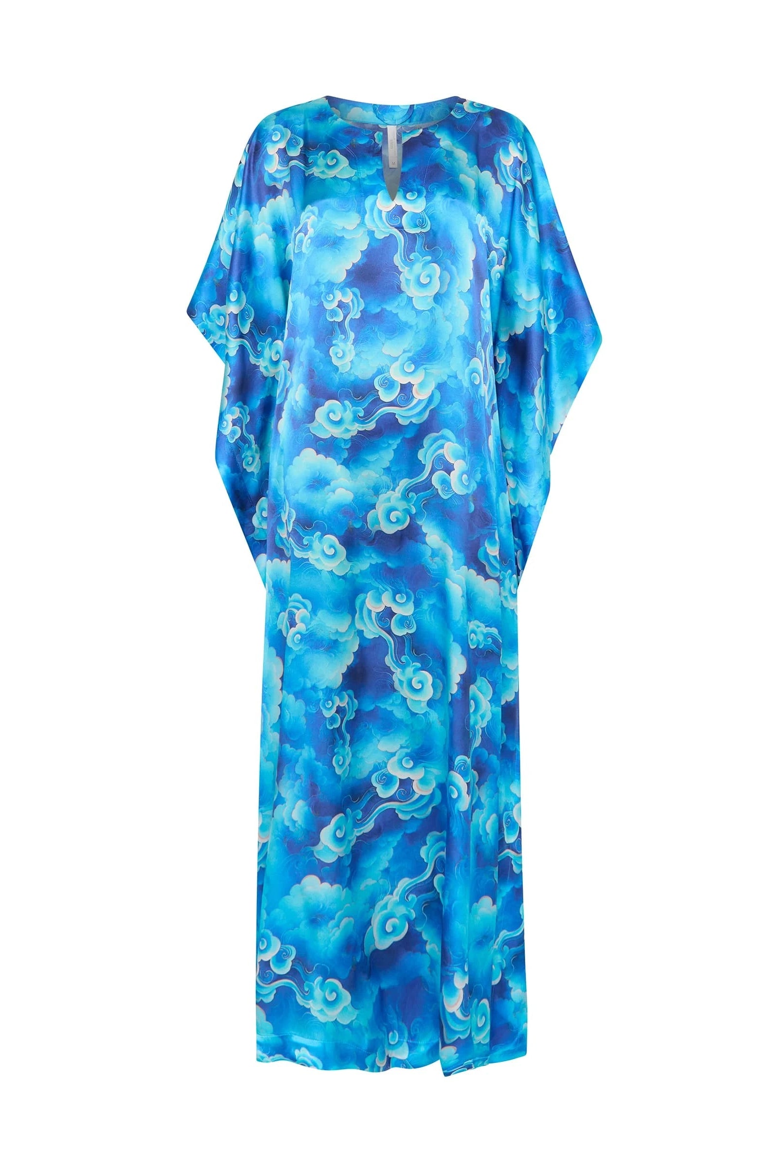 Kaftan de seda natural estampado con escote redondo y abertura central con manga mariposa al codo