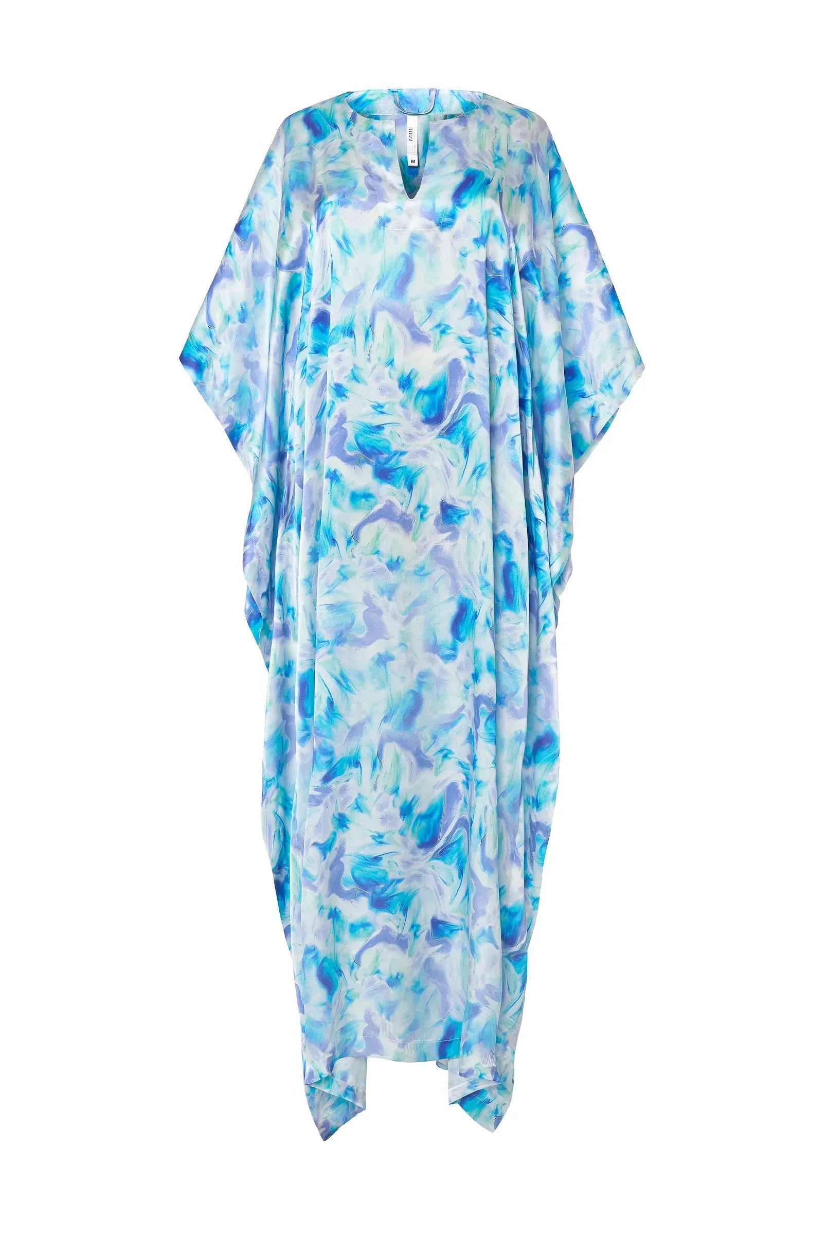 Kaftan de seda natural estampado con escote redondo y abertura central con manga mariposa al codo