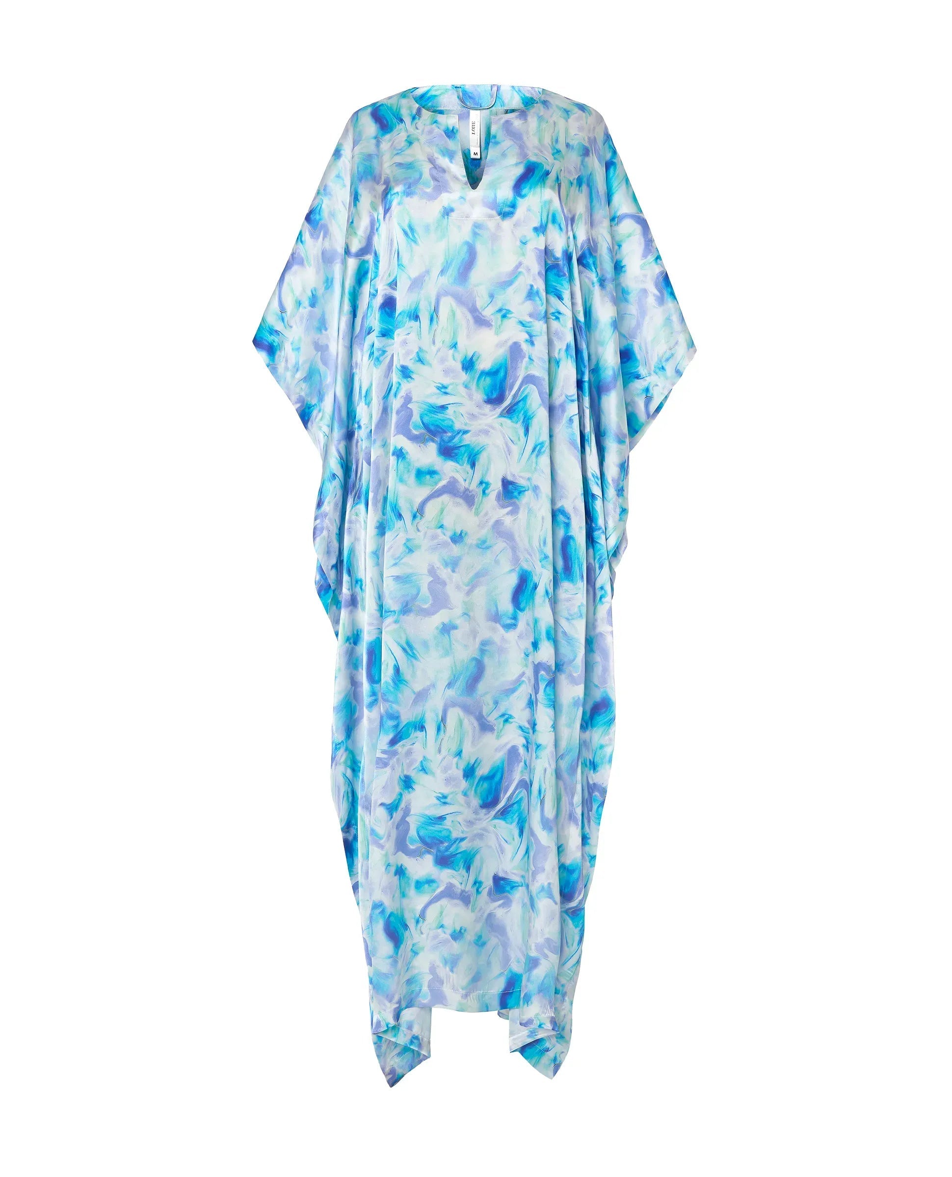 Kaftan de seda natural estampado con escote redondo y abertura central con manga mariposa al codo