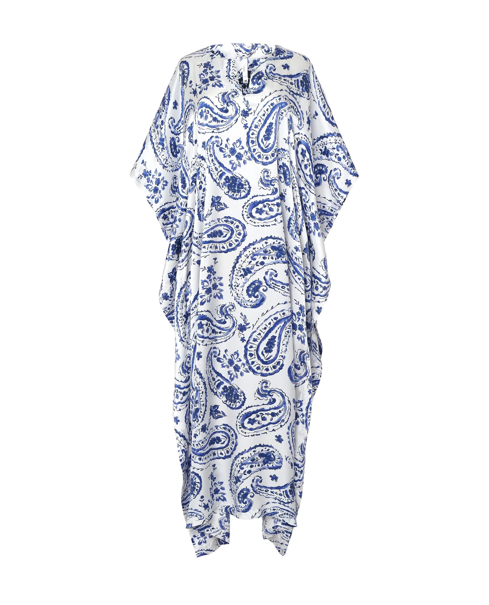 Kaftan de seda natural estampado con escote redondo y abertura central con manga mariposa al codo