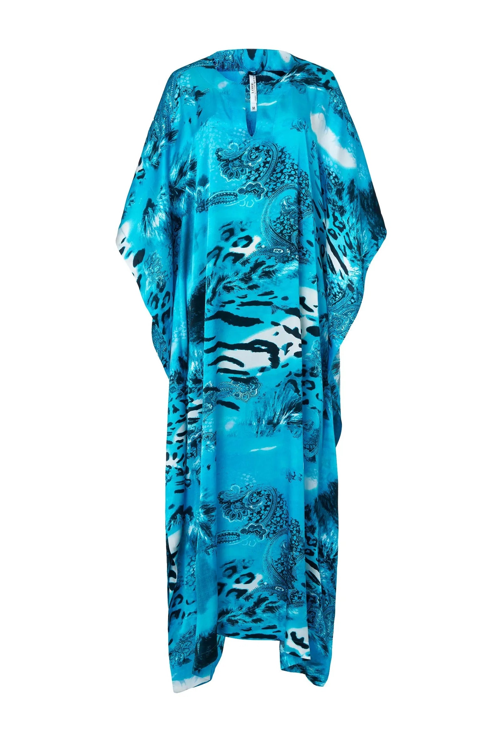 Kaftan de seda natural estampado con escote redondo y abertura central con manga mariposa al codo.