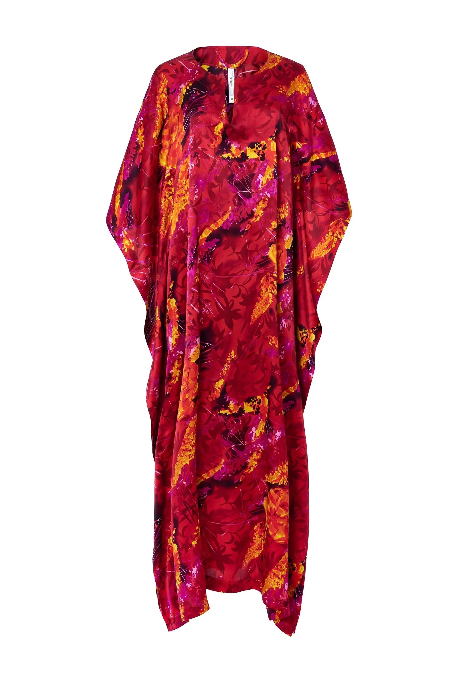 Kaftan de seda natural estampado con escote redondo y abertura central con manga mariposa al codo.