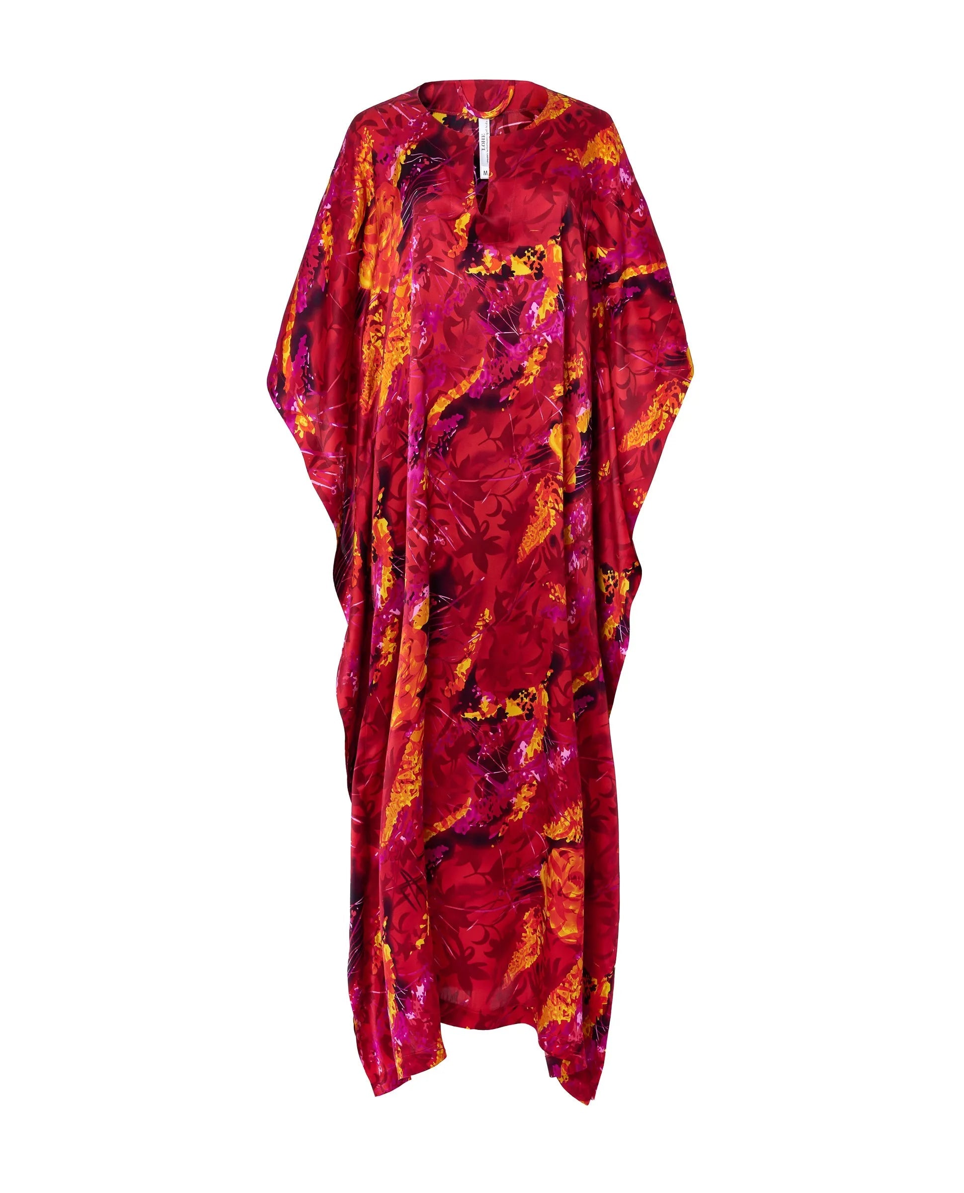 Kaftan de seda natural estampado con escote redondo y abertura central con manga mariposa al codo.