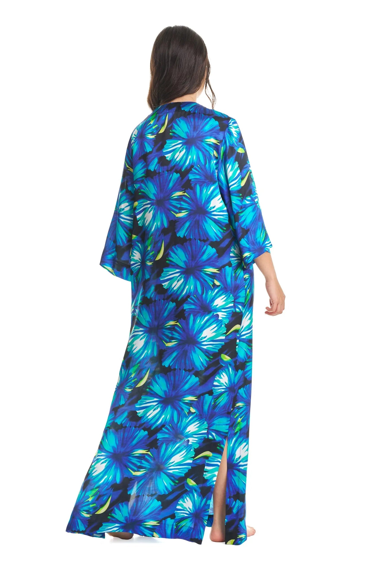 Vista trasera kaftan de seda para verano estampado azul y aberturas laterales