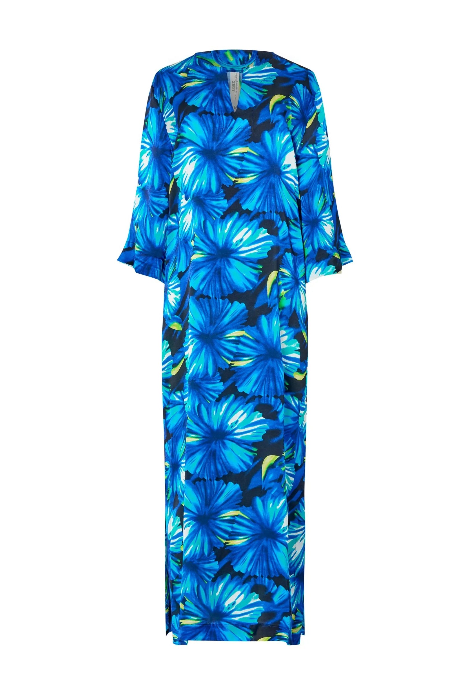 Kaftan de seda para verano largo con abertura lateral y escote redondo flores azules