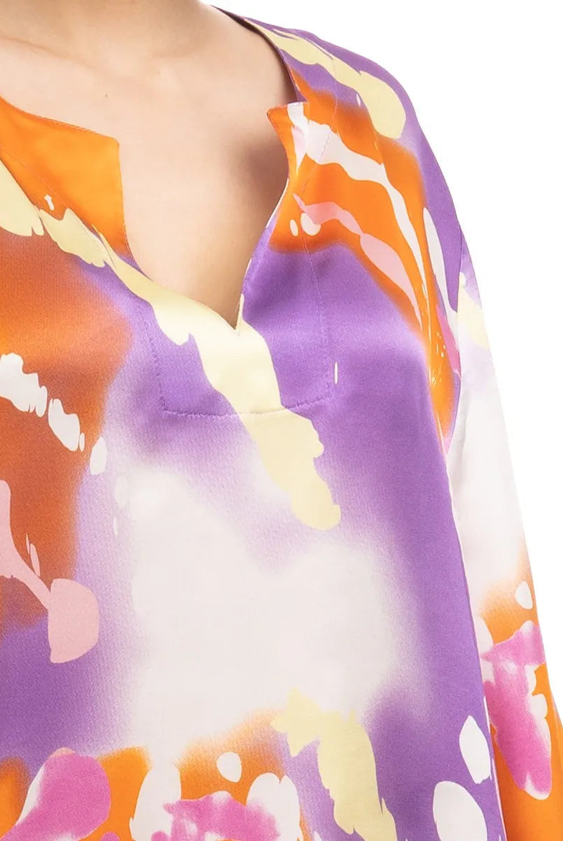 Kaftan seda natural estampado escote redondo y abertura central