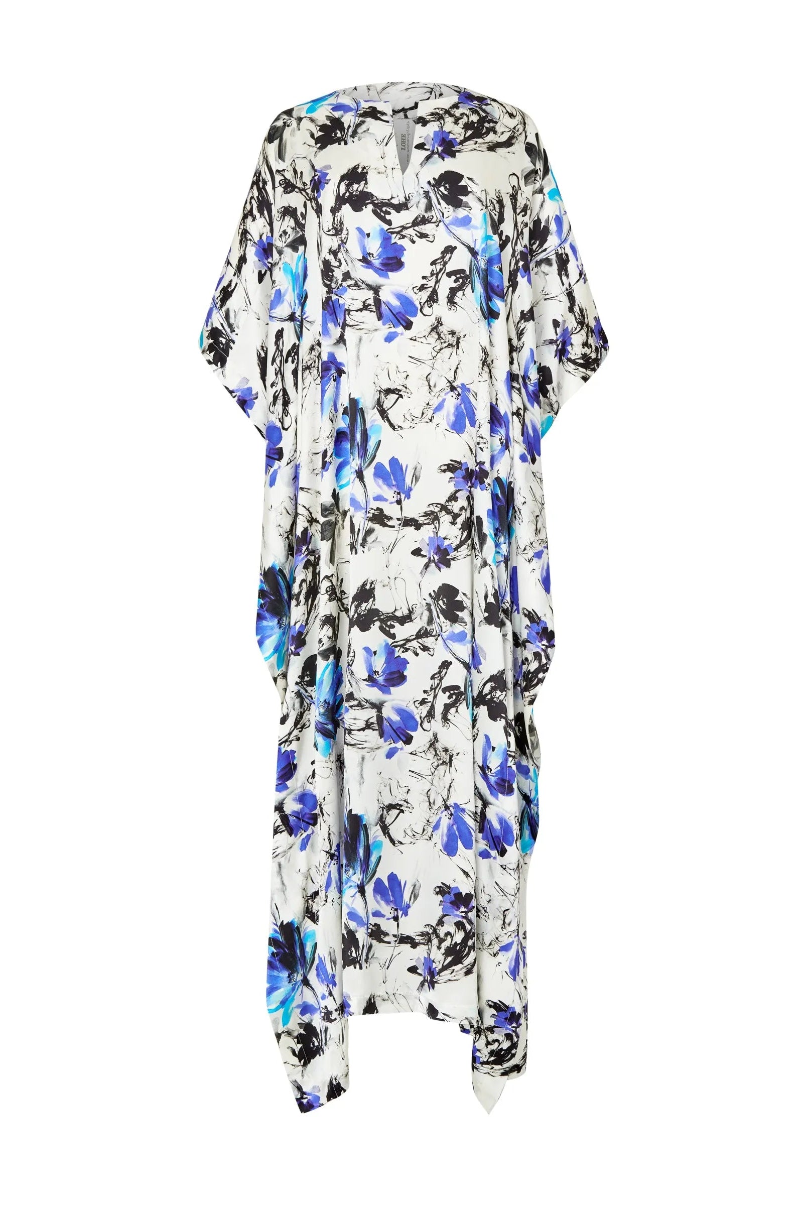 Kaftan de seda natural estampado con escote redondo y abertura central con manga mariposa al codo.