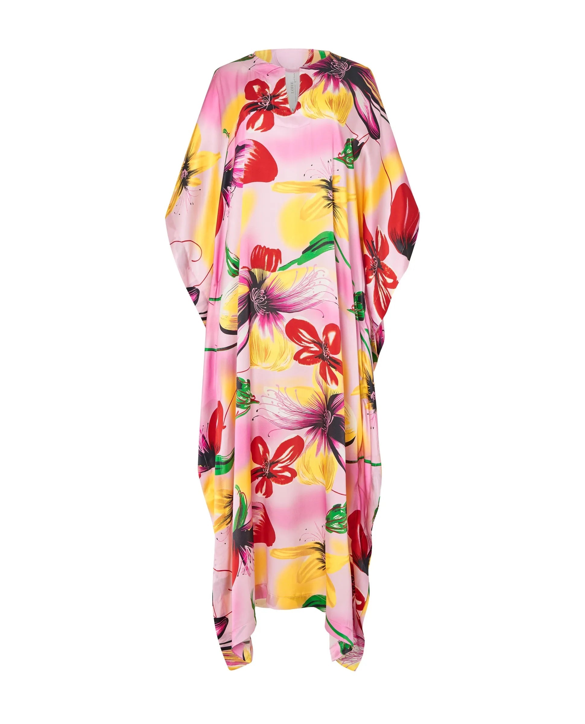 Kaftan seda natural estampado escote redondo y abertura central