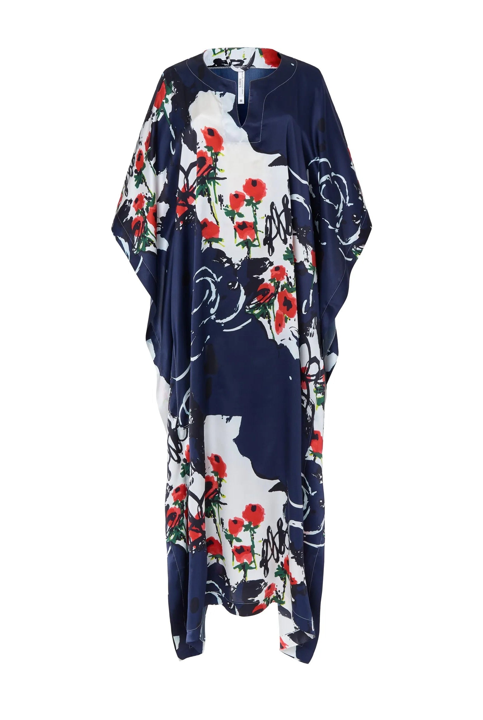 Kaftan de seda natural estampado con escote redondo y abertura central con manga mariposa al codo.