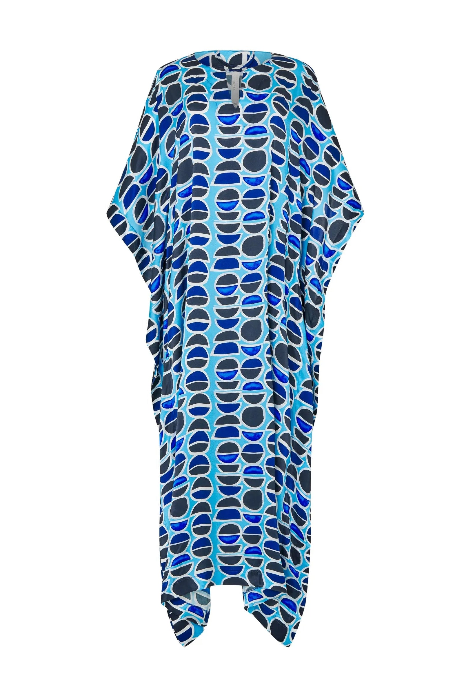 Detalle escote redondo kaftan de seda natural estampado azules