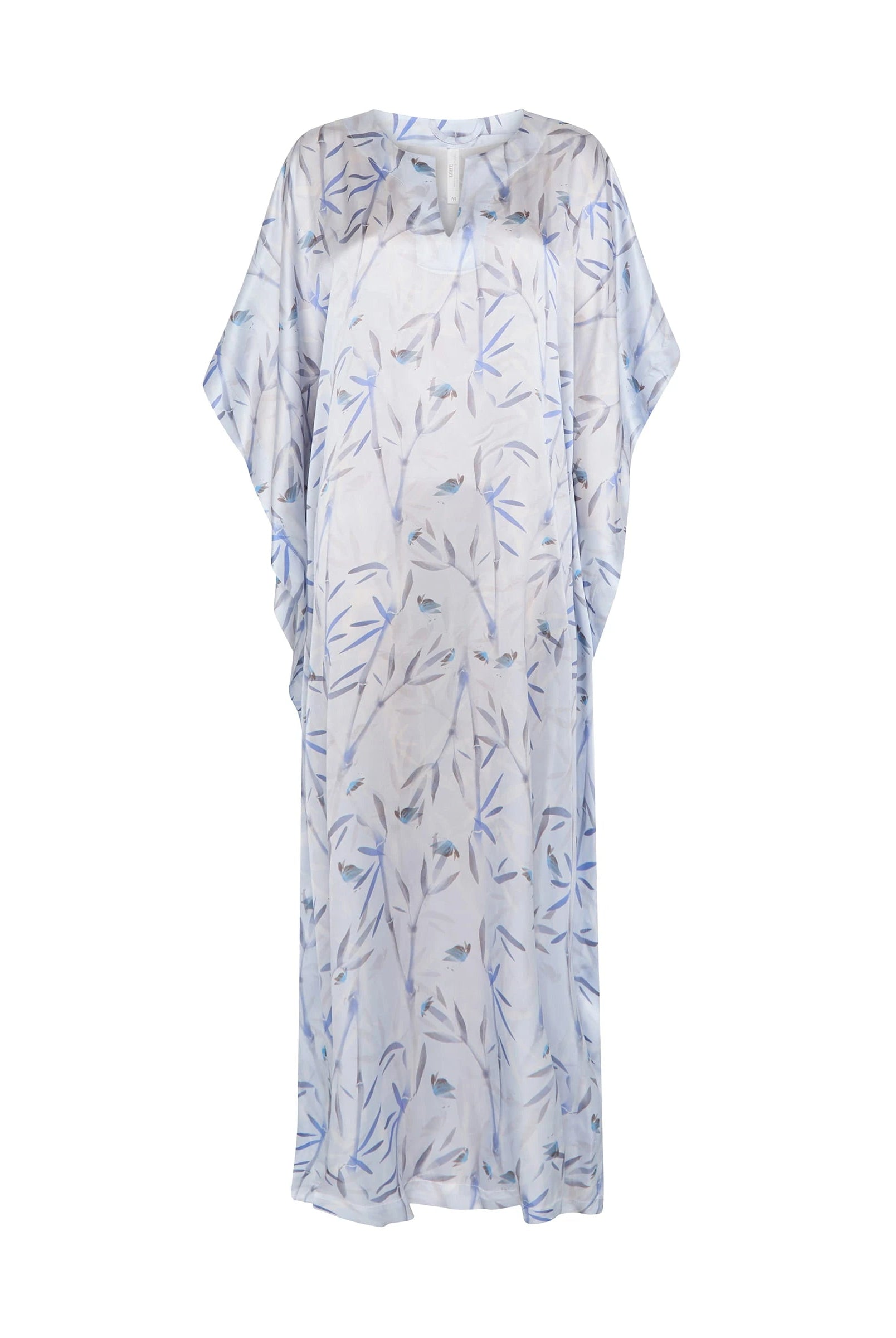 Kaftan de seda natural estampado con escote redondo y abertura central con manga mariposa al codo