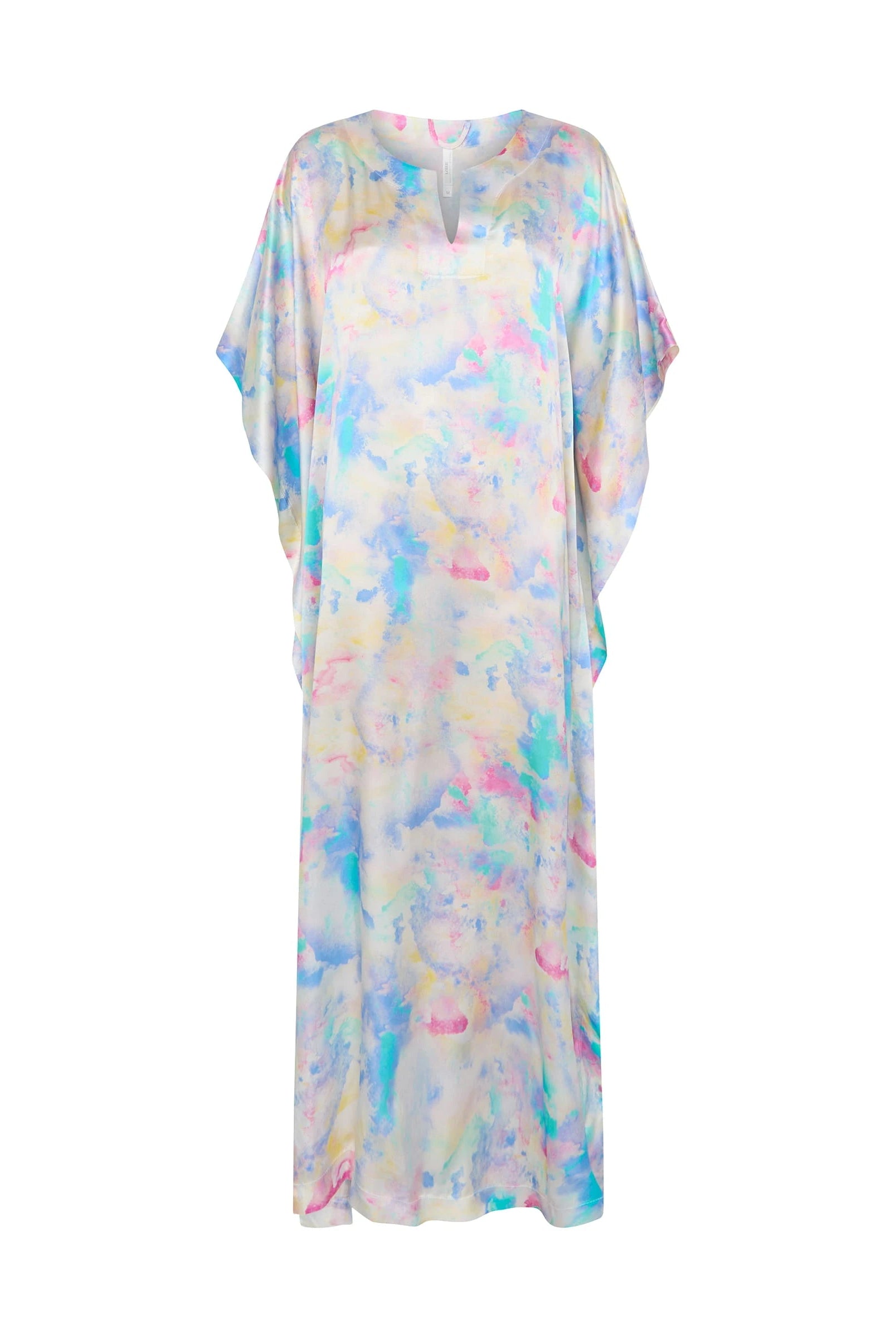 Kaftan de seda natural estampado multicolor con escote redondo y abertura central con manga mariposa al codo