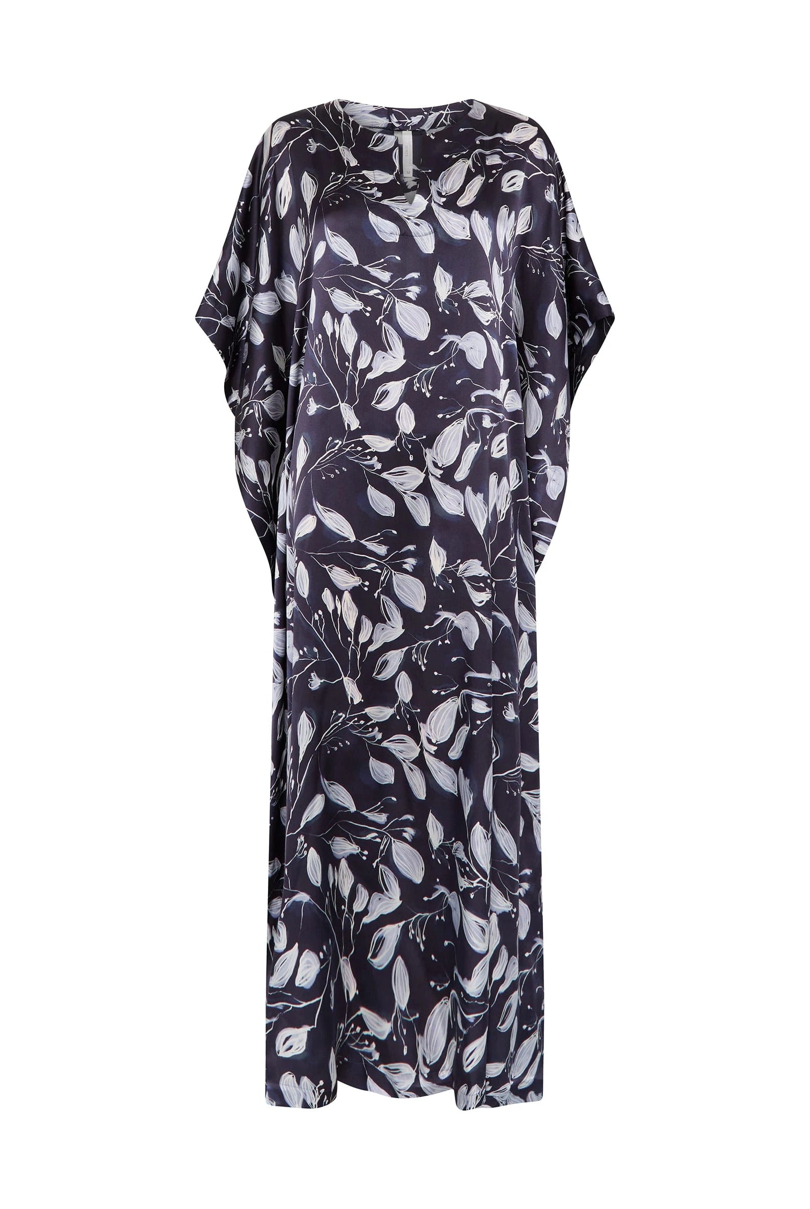 Kaftan de seda natural estampado con escote redondo y abertura central con manga mariposa al codo