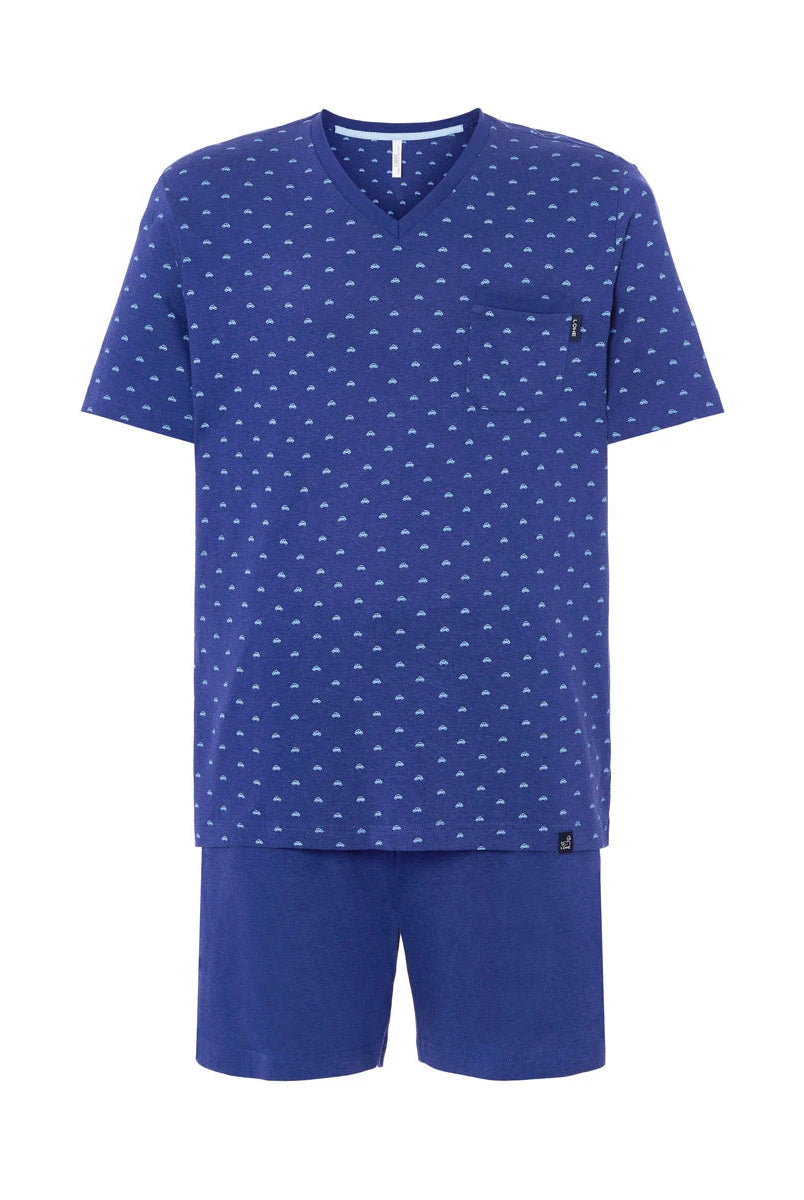 Pijama verano de hombre azul de manga corta estampado de cochecitos, cuello pico y pantalón corto con bolsillos, liso ajustable