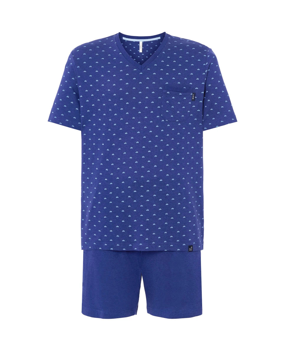 Pijama verano de hombre azul de manga corta estampado de cochecitos, cuello pico y pantalón corto con bolsillos, liso ajustable
