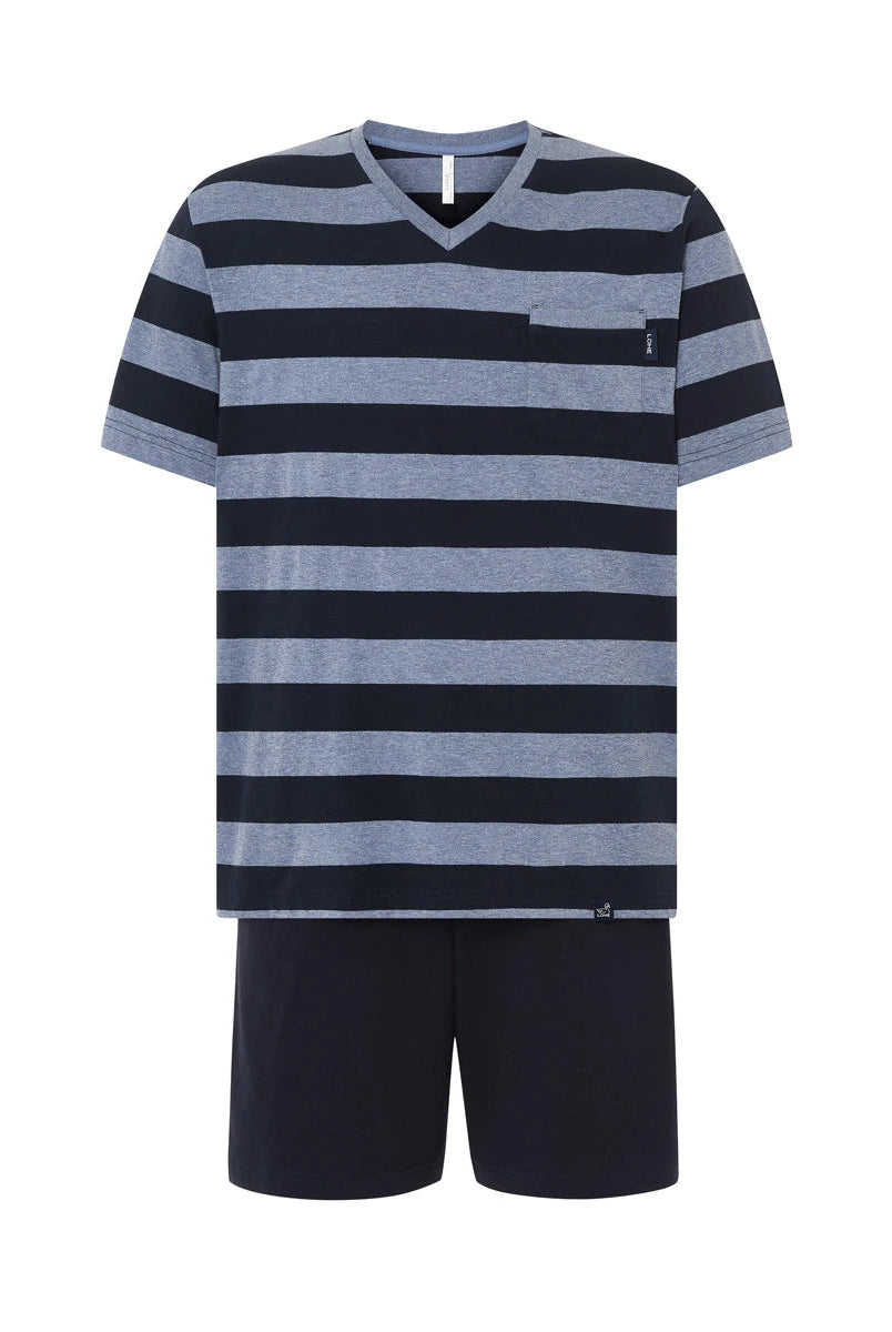 Pijama de verano para hombre, top manga corta punto a rayas, cuello pico, pantalón corto liso a juego con bolsillos.